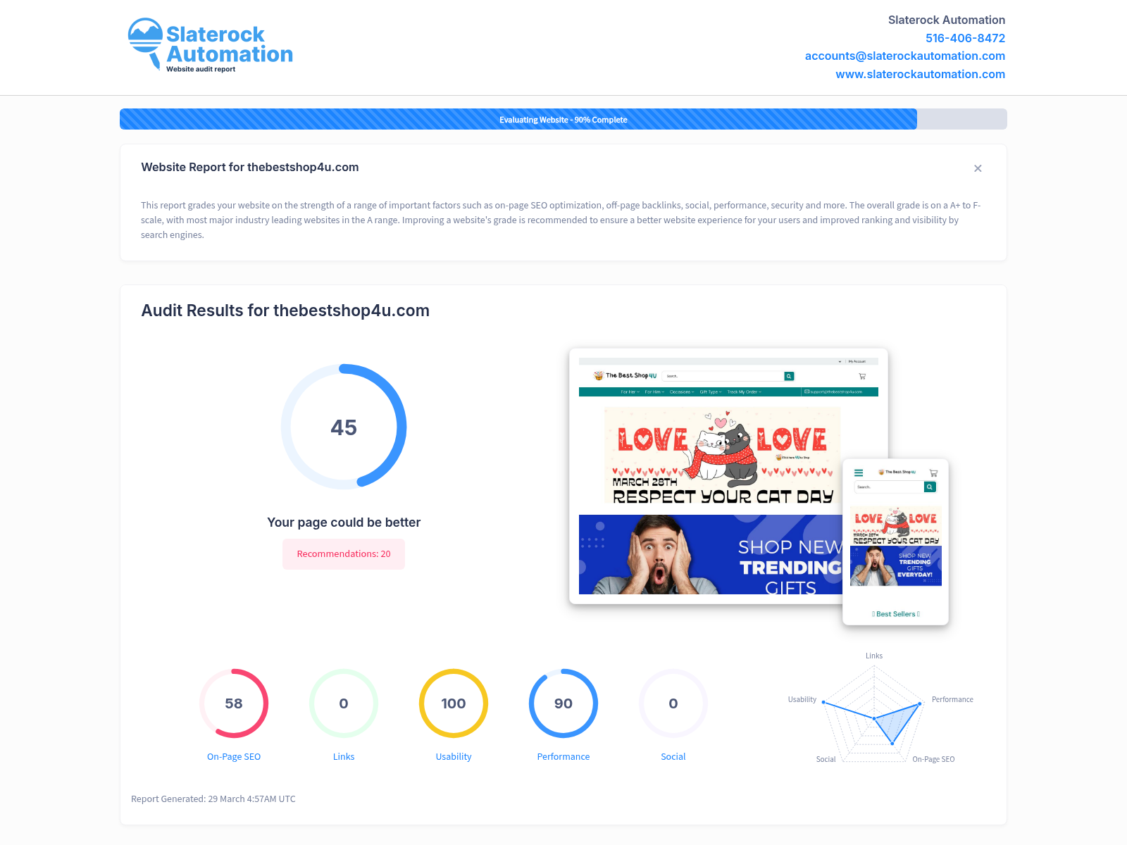 Screenshot of website audit showing performance metrics and user experience for The Best Shop 4 U.