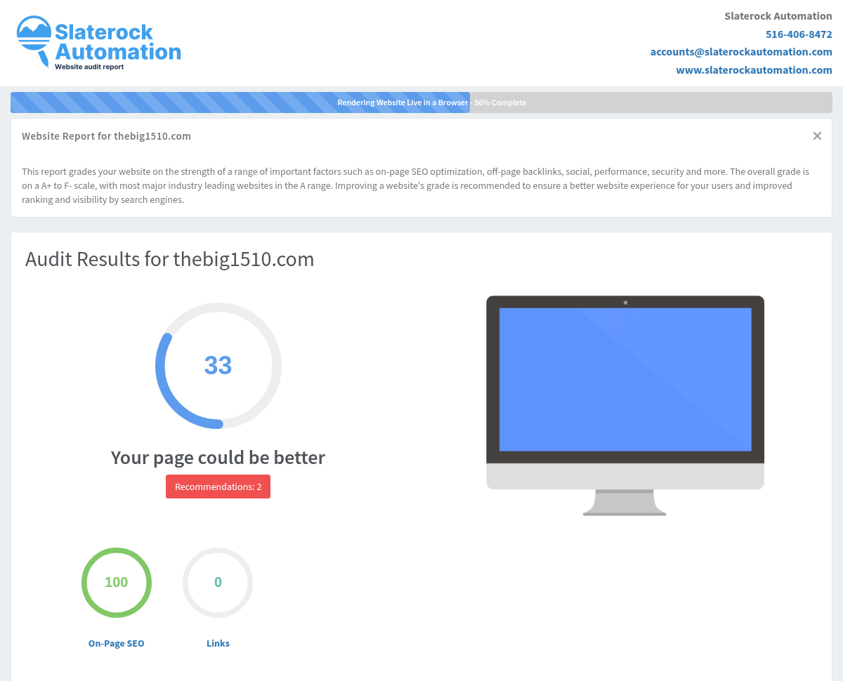 Screenshot of The Big 1510 website audit showing key performance metrics and SEO analysis.