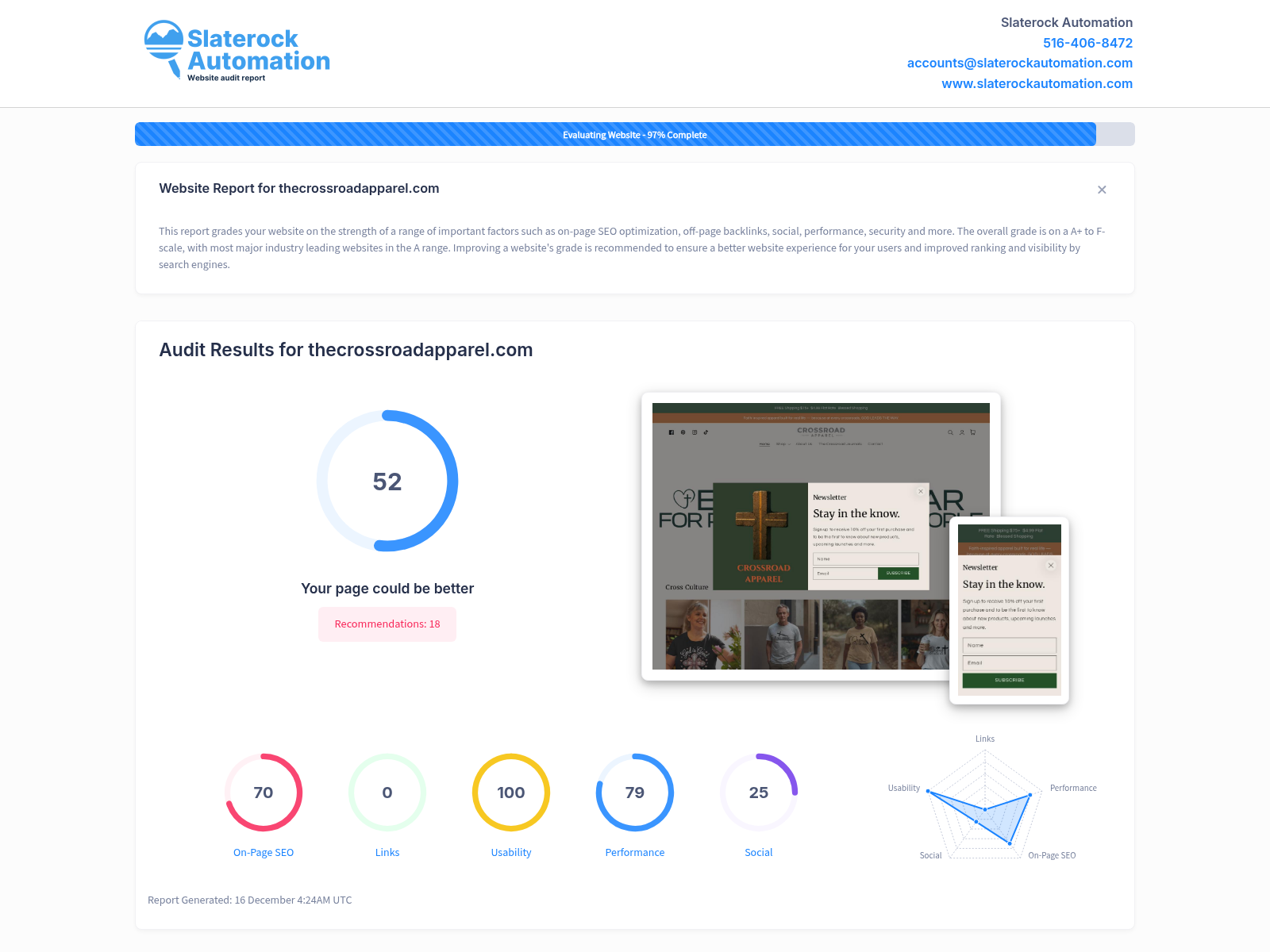 Screenshot of website audit for Crossroad Apparel showcasing performance metrics and optimization insights.