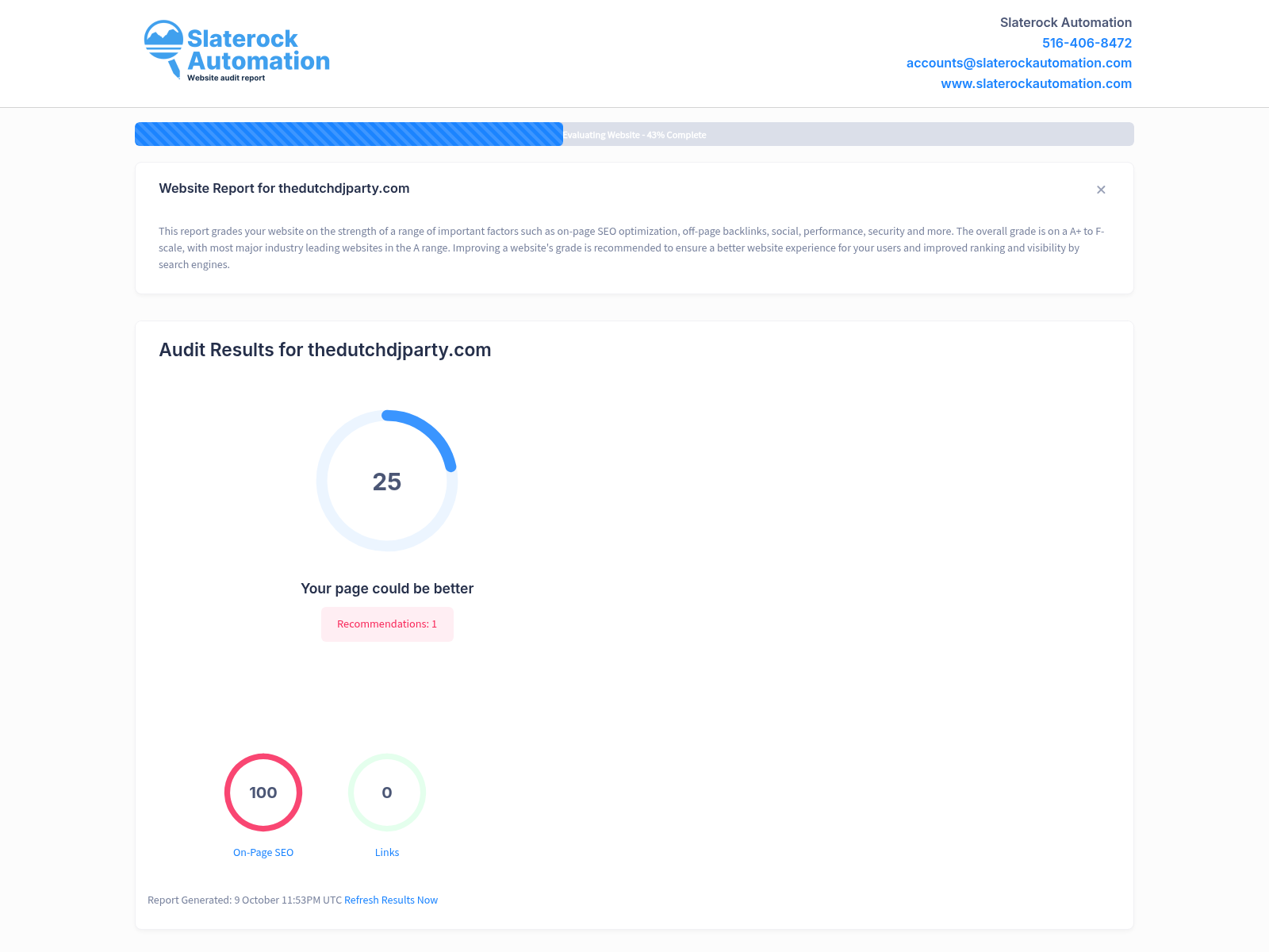 Screenshot of a website audit for Dutch DJ Party, showing performance metrics and SEO insights.