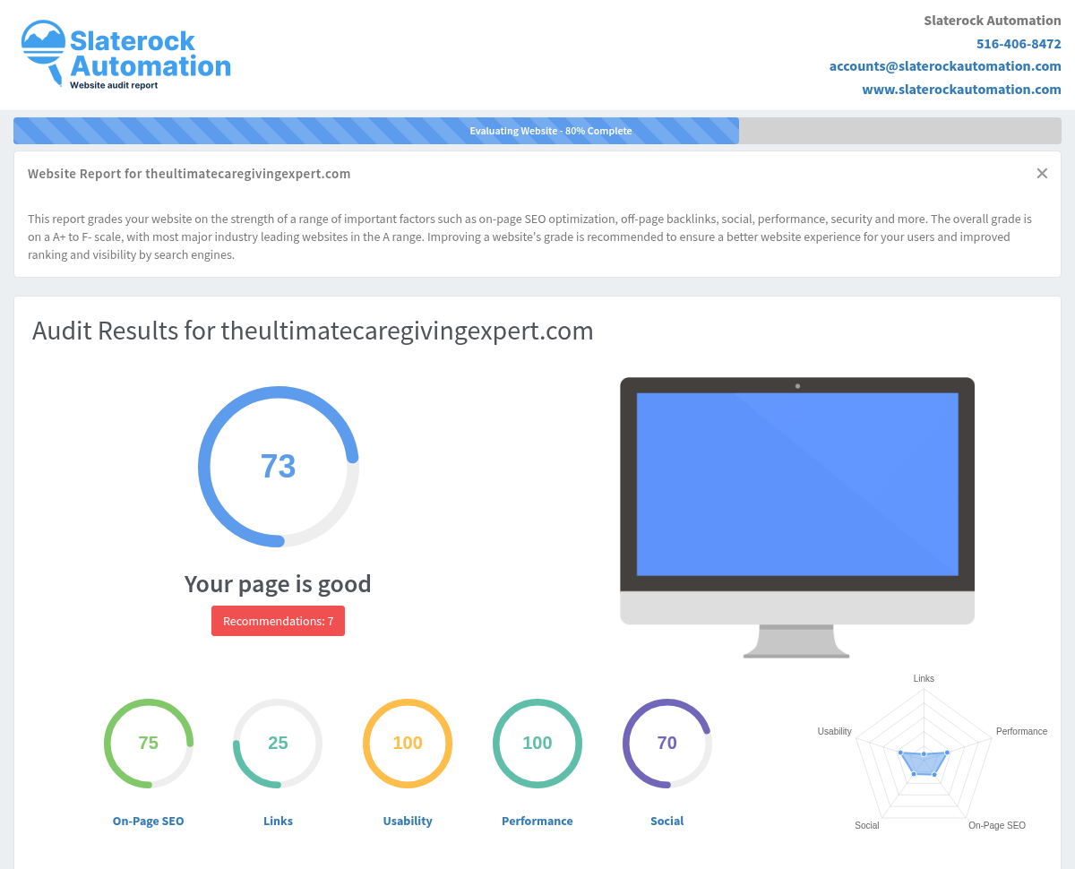 Screenshot of The Ultimate Caregiving Expert website audit highlighting key performance metrics and insights.