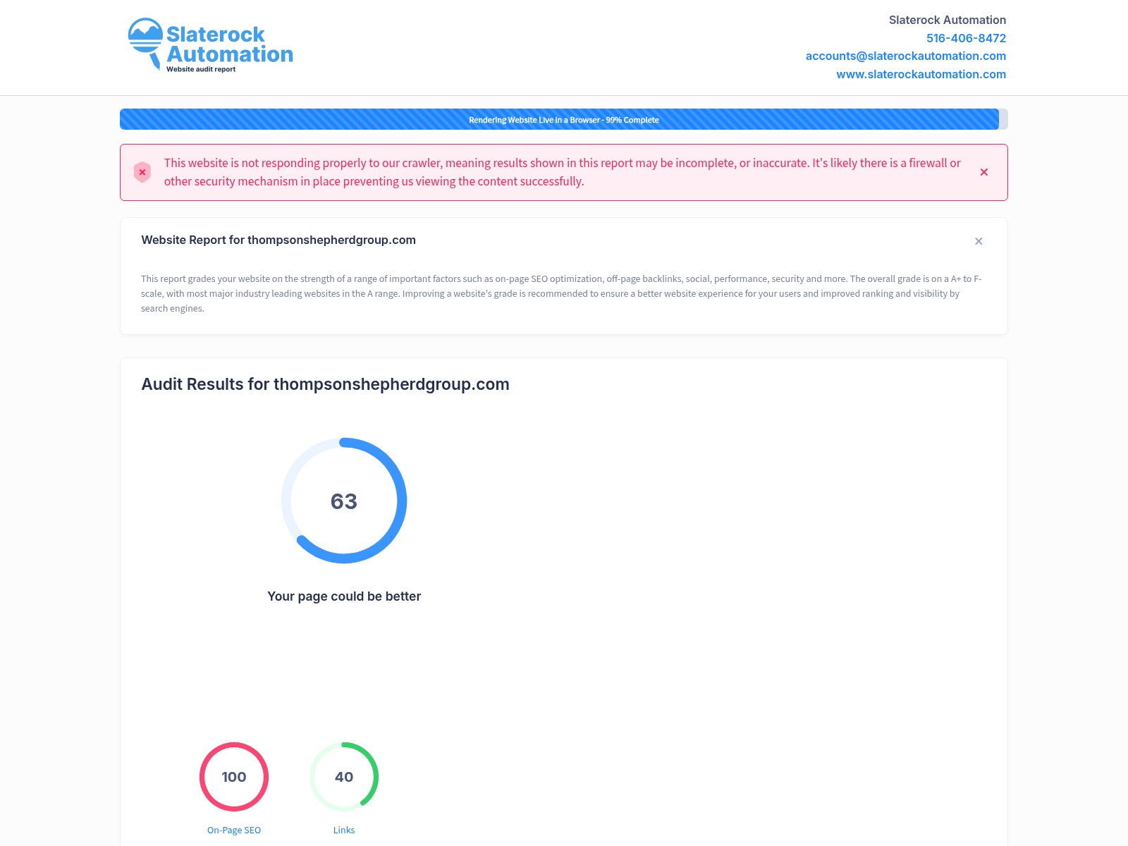 Screenshot showcasing the comprehensive website audit for Thompson Shepherd Group, highlighting SEO performance and optimization areas.