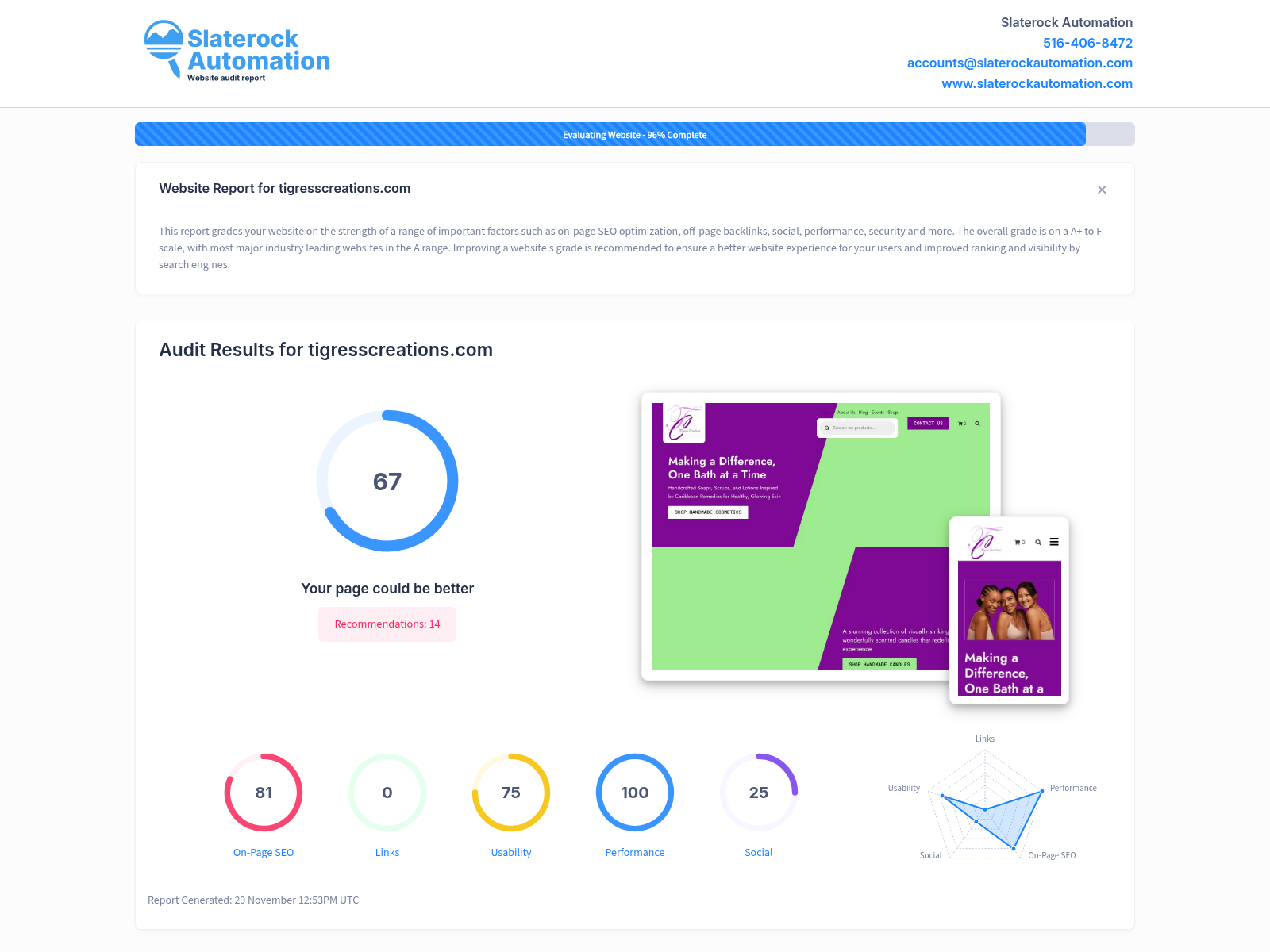 Screenshot showing the website audit results for Tigress Creations, highlighting performance, SEO, and usability metrics.