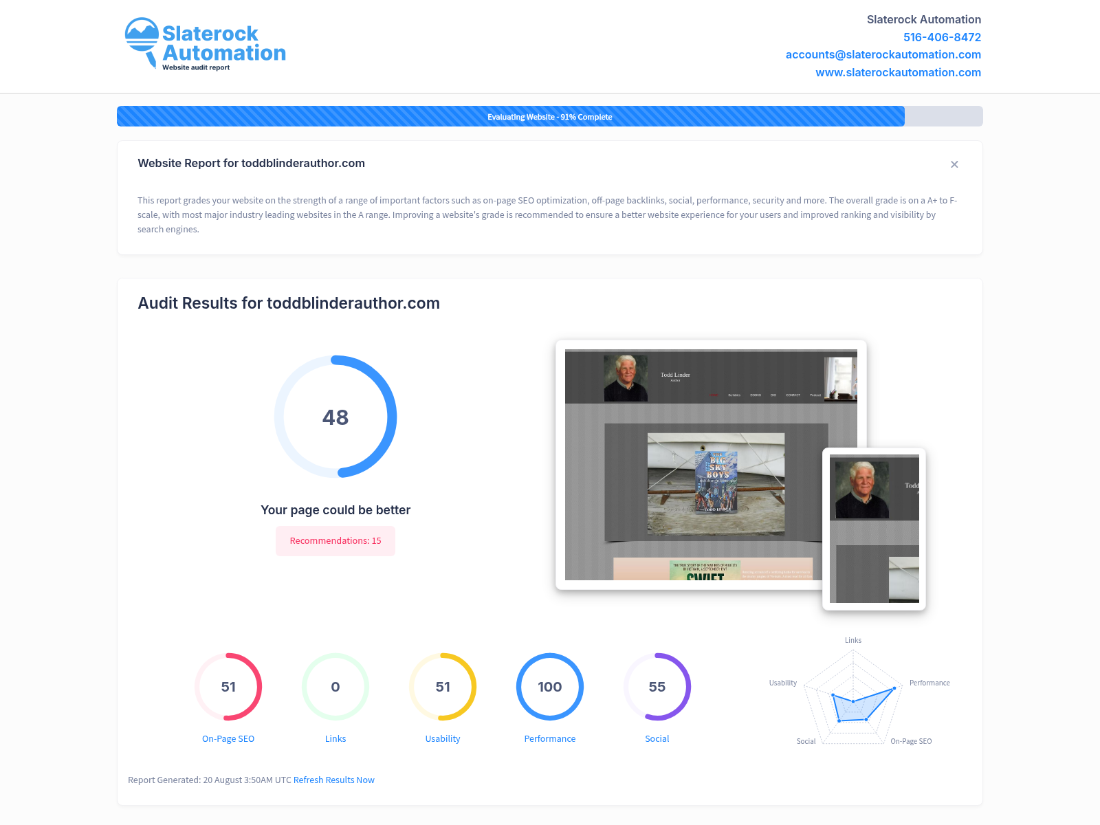 Screenshot of Todd Blinder's website audit showcasing performance metrics and SEO insights.