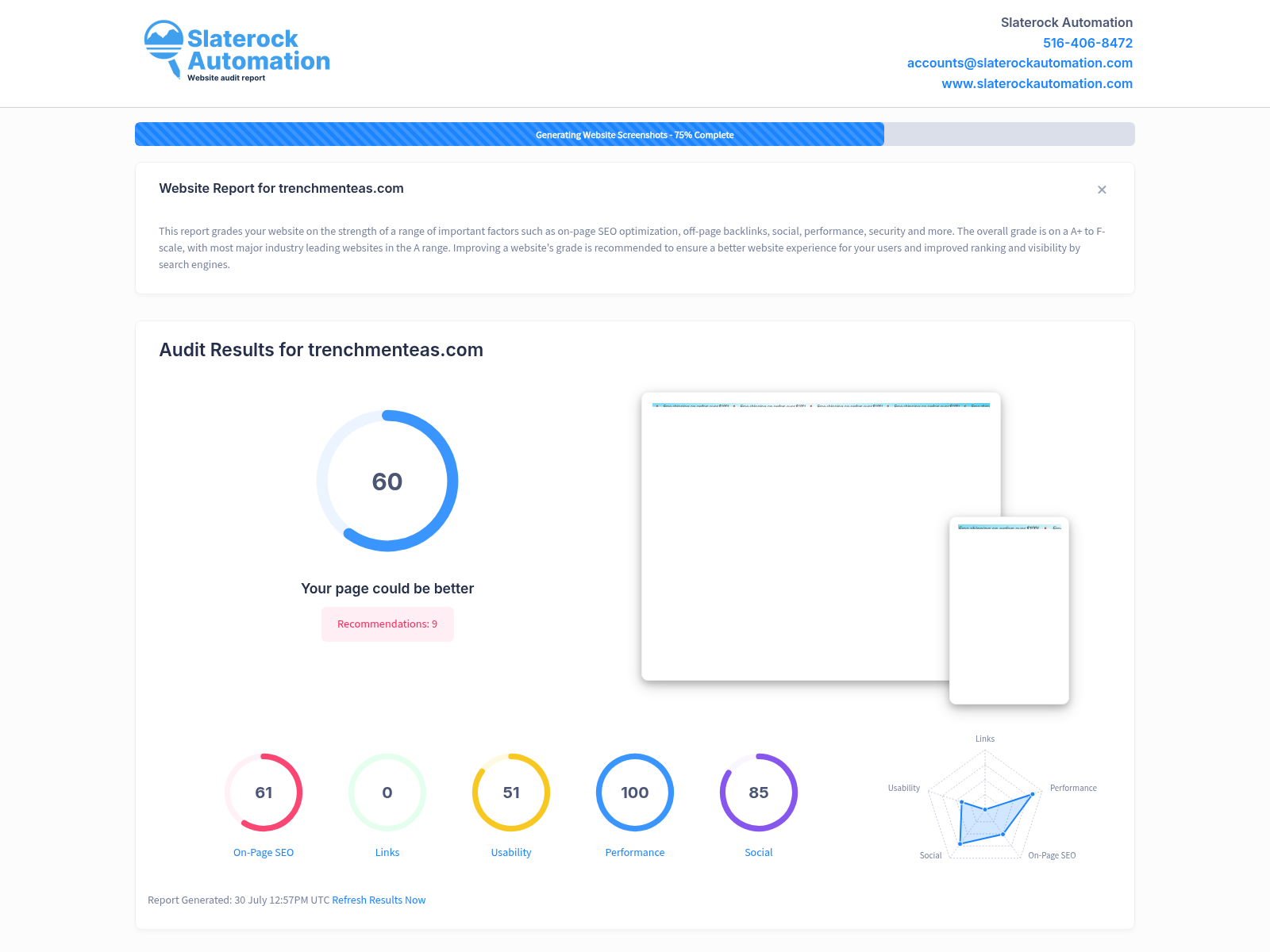 Screenshot of Trenchmen Teas website audit, showcasing organic tea blends and customer satisfaction.
