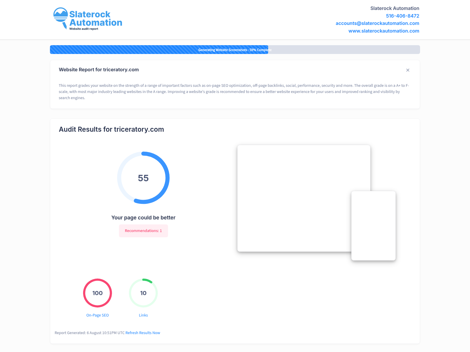 Screenshot of Triceratory's website audit showing high-quality crystal merchandise and positive customer reviews.