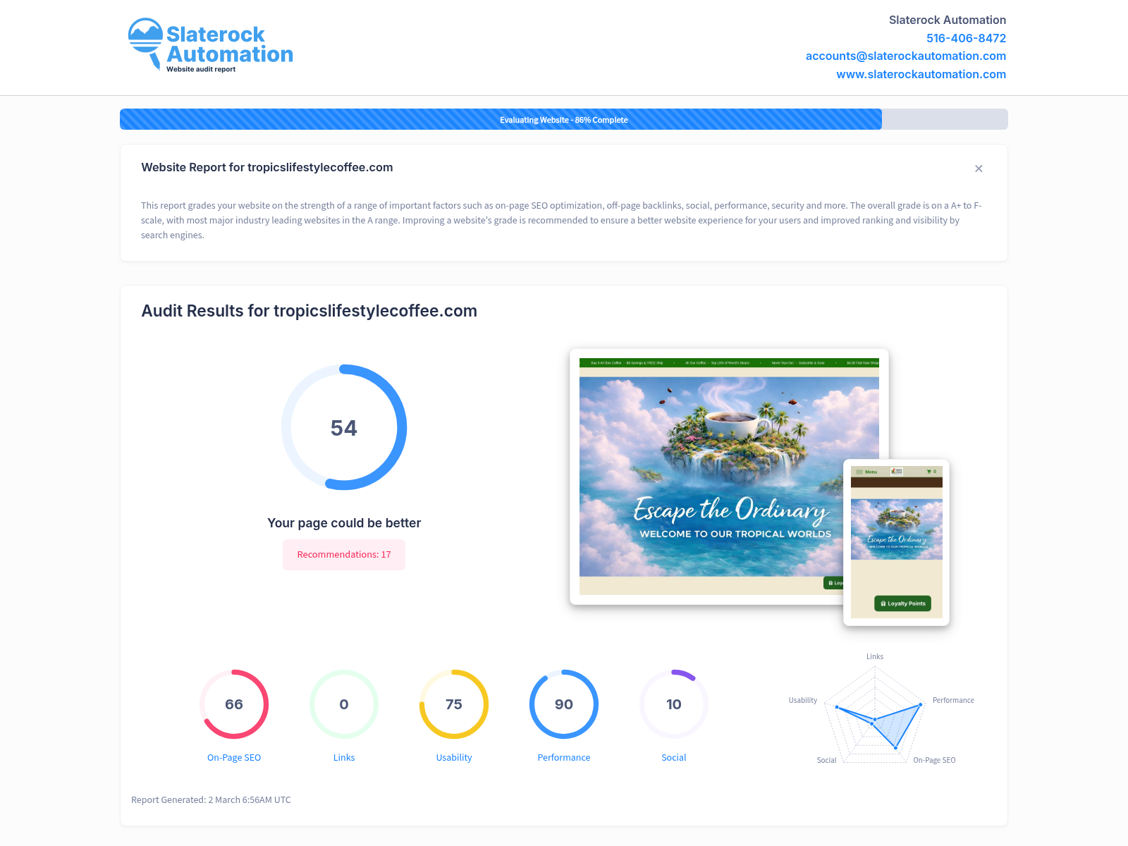 A detailed website audit report showcasing the performance and optimization of Tropics Lifestyle Coffee's online presence.