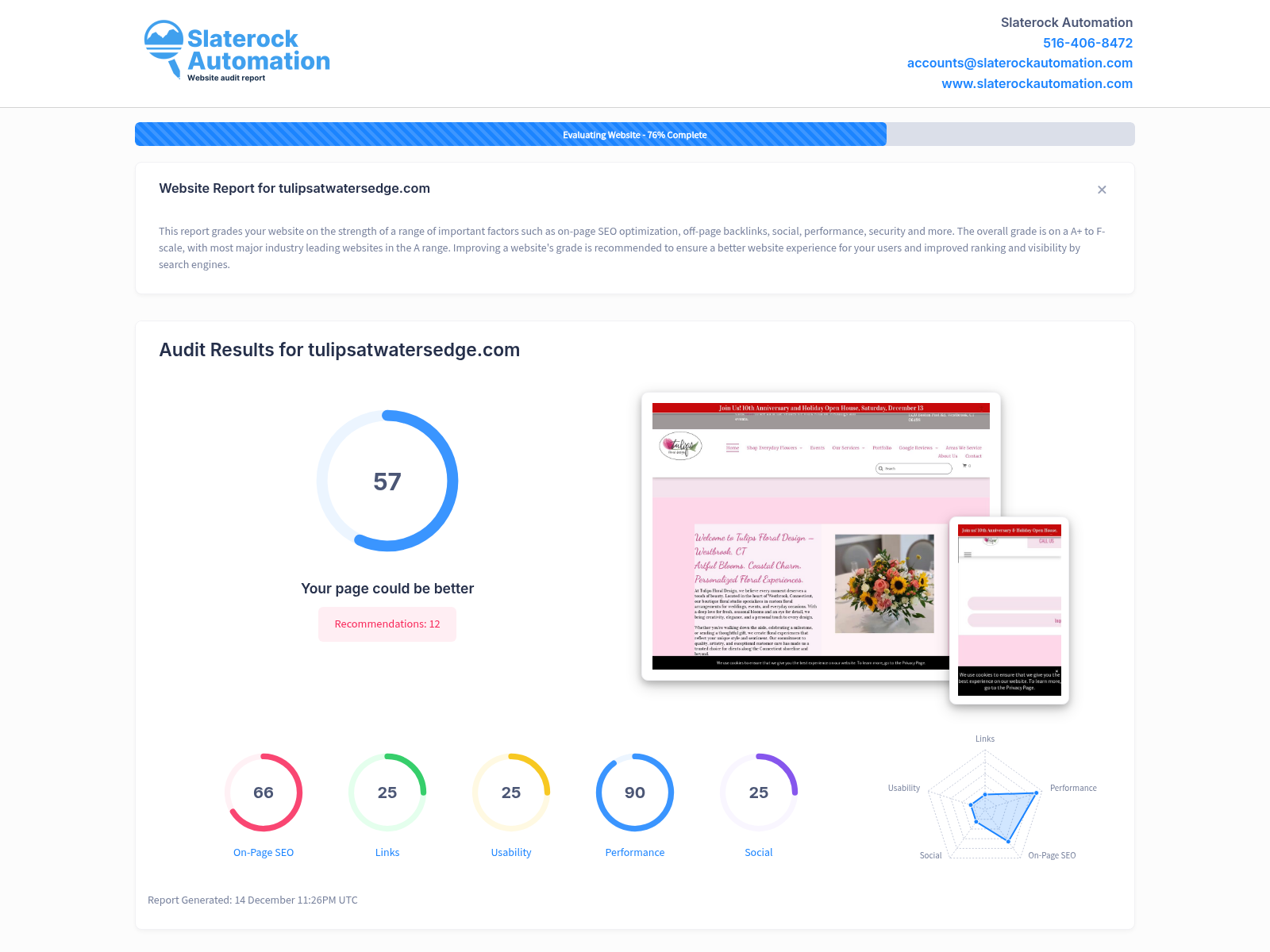 Website audit screenshot showing SEO optimization results for Tulips at Waters Edge in Los Angeles County