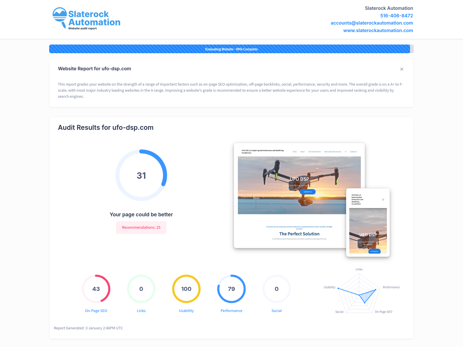 Screenshot of UFO DSP website audit results showcasing performance and optimization metrics.