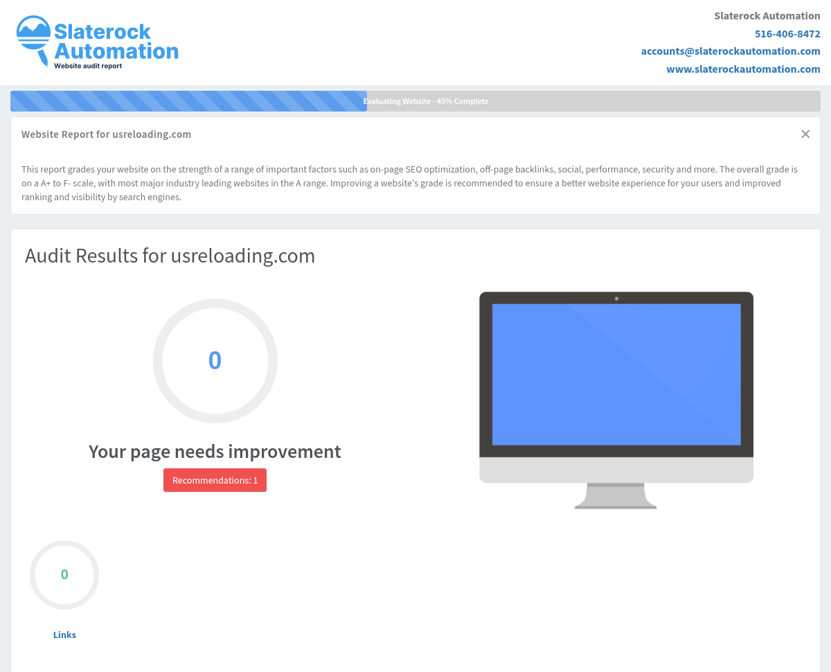Screenshot of US Reloading website audit highlighting product range and services.