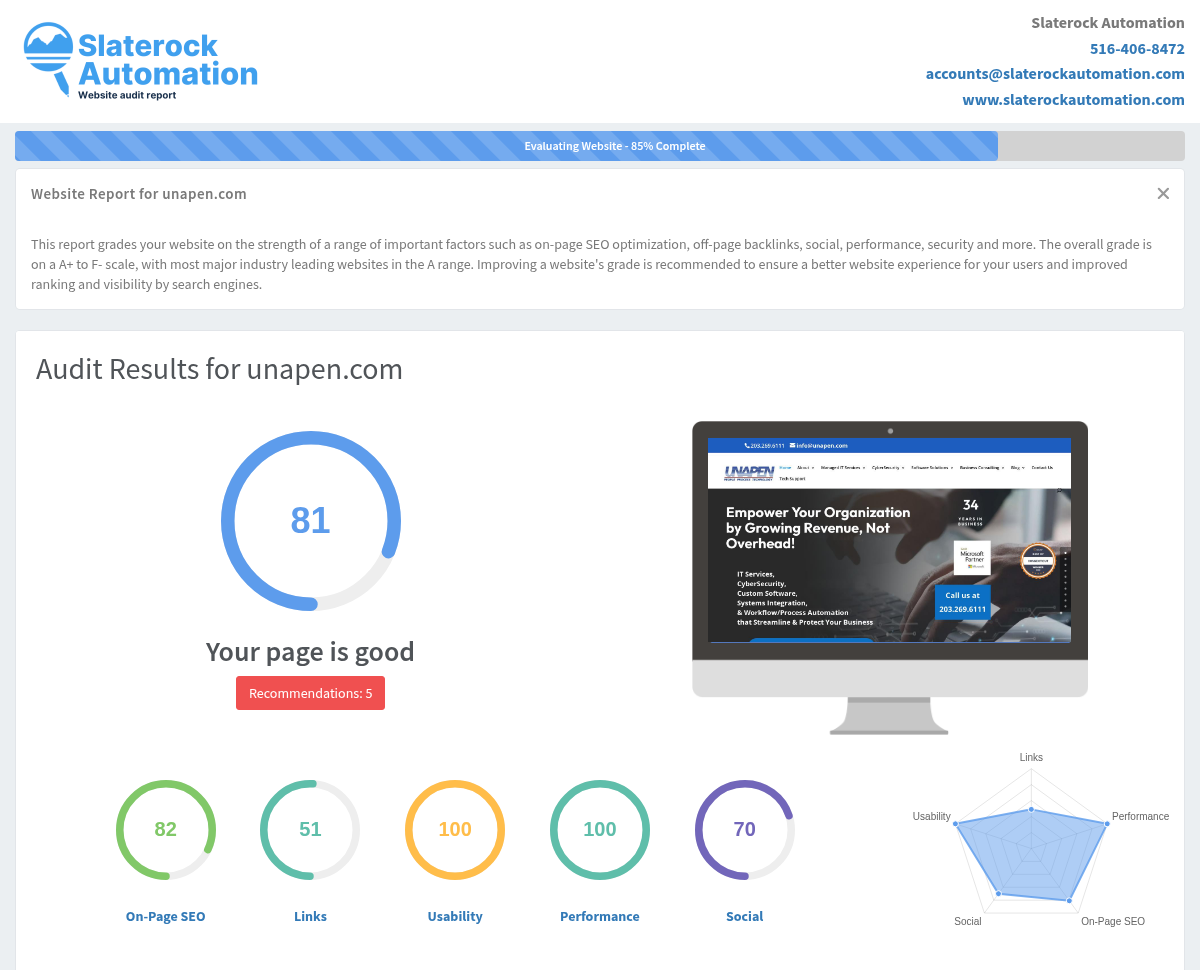 Screenshot of Unapen website audit showcasing IT service offerings and client testimonials.
