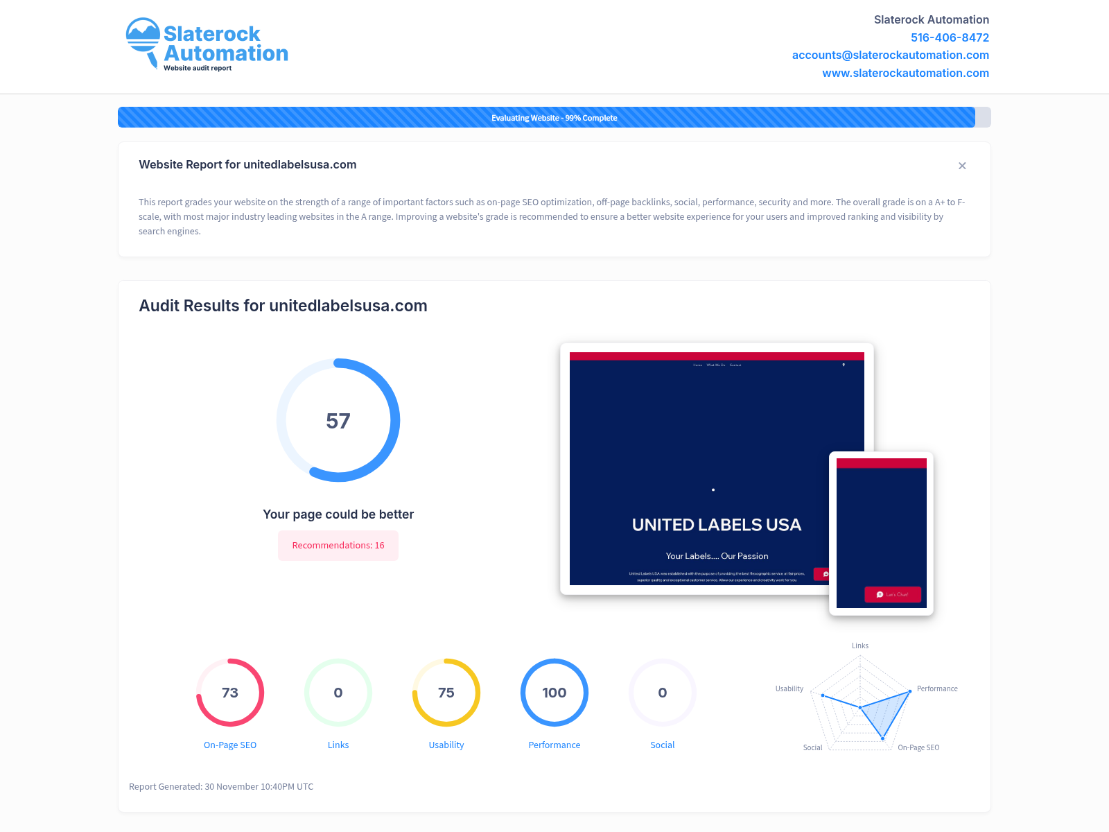 Website audit screenshot illustrating the robust SEO performance of United Labels USA