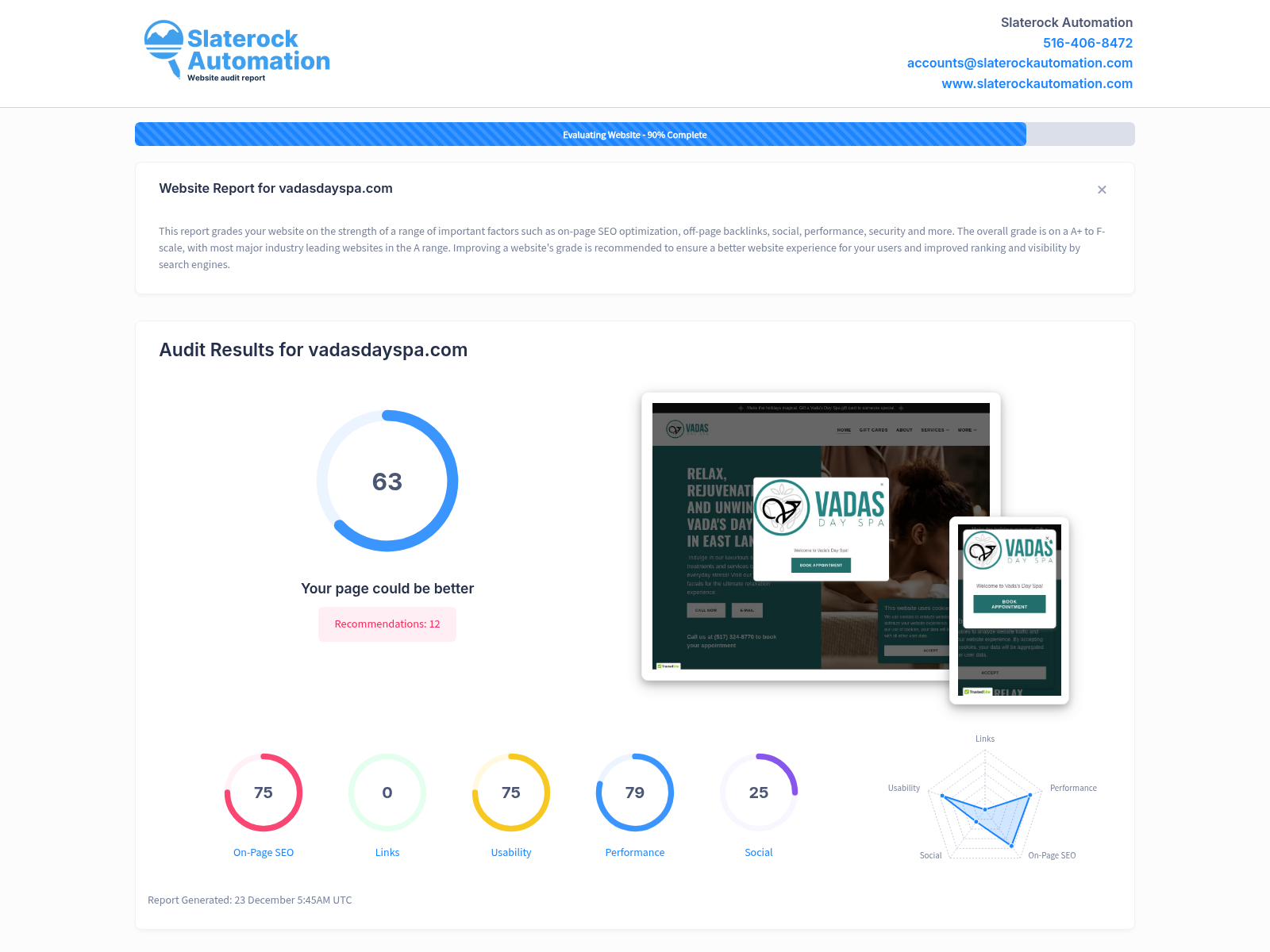 Screenshot of Vada's Day Spa website audit showcasing their range of services and excellent customer reviews.