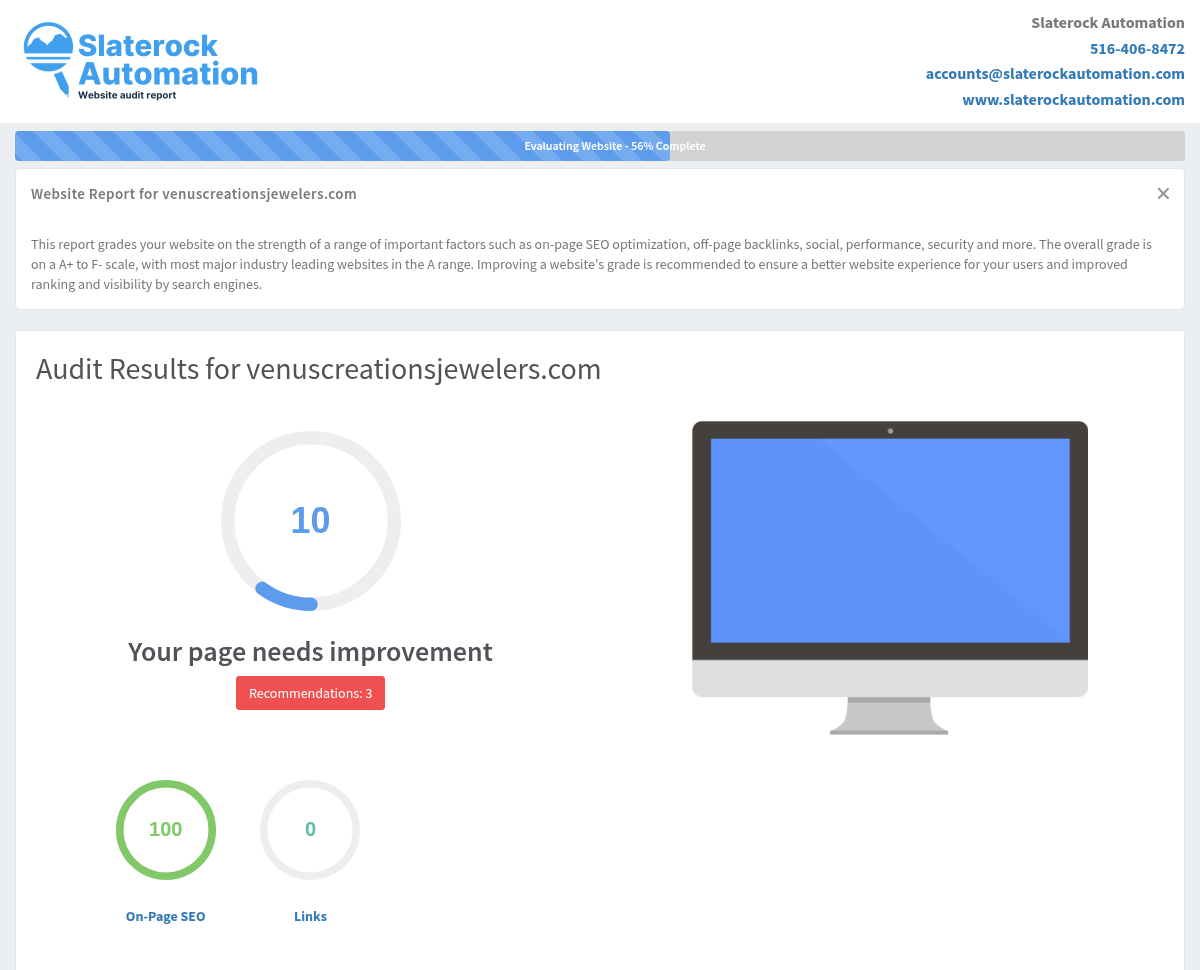 Screenshot of a website audit report for Venus Creations Jewelers, highlighting SEO performance and areas for improvement.