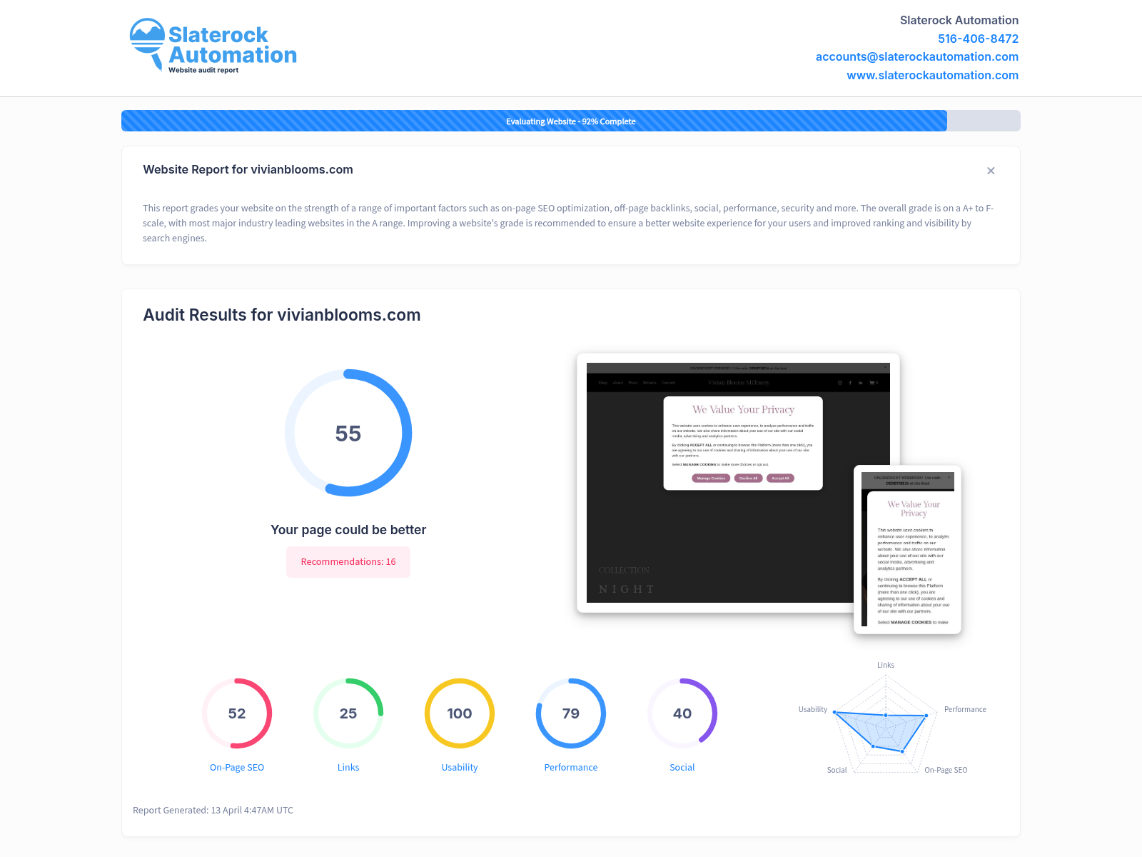 Screenshot of a website audit highlighting Vivian Blooms Millinery's strengths and performance metrics.