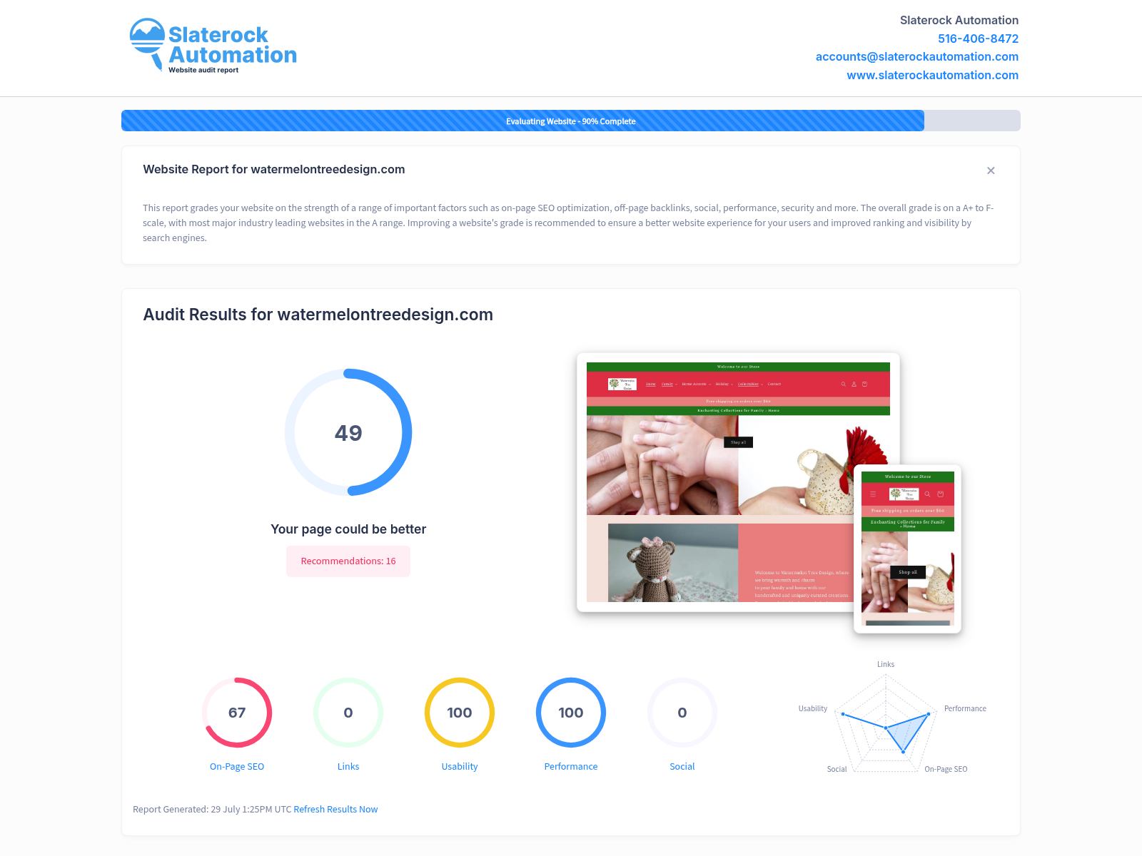 Screenshot of Watermelon Tree Design's website audit showcasing product offerings and user experience.