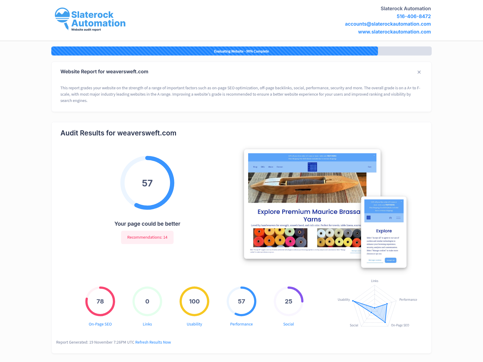 Screenshot of Weavers Weft website showcasing handweaving materials and customer service highlights.