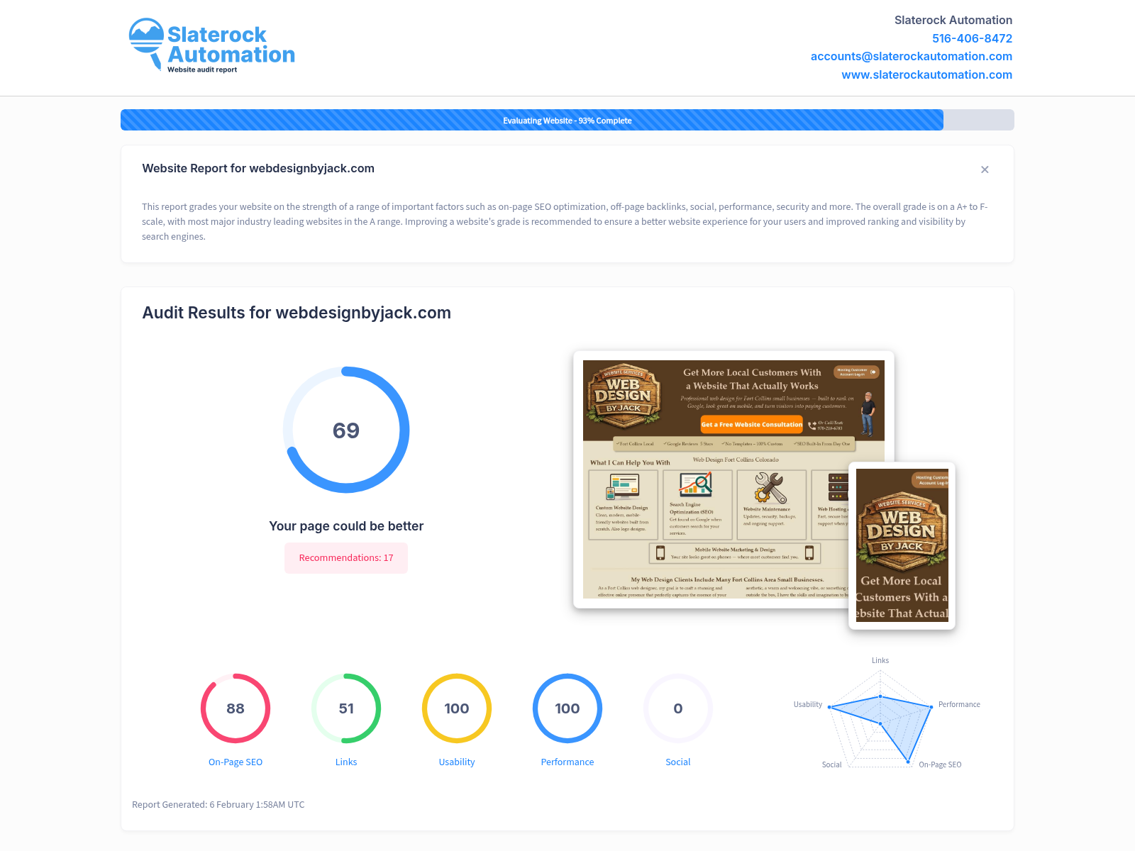 Screenshot of a website audit showcasing performance metrics and optimization recommendations for Web Design by Jack.