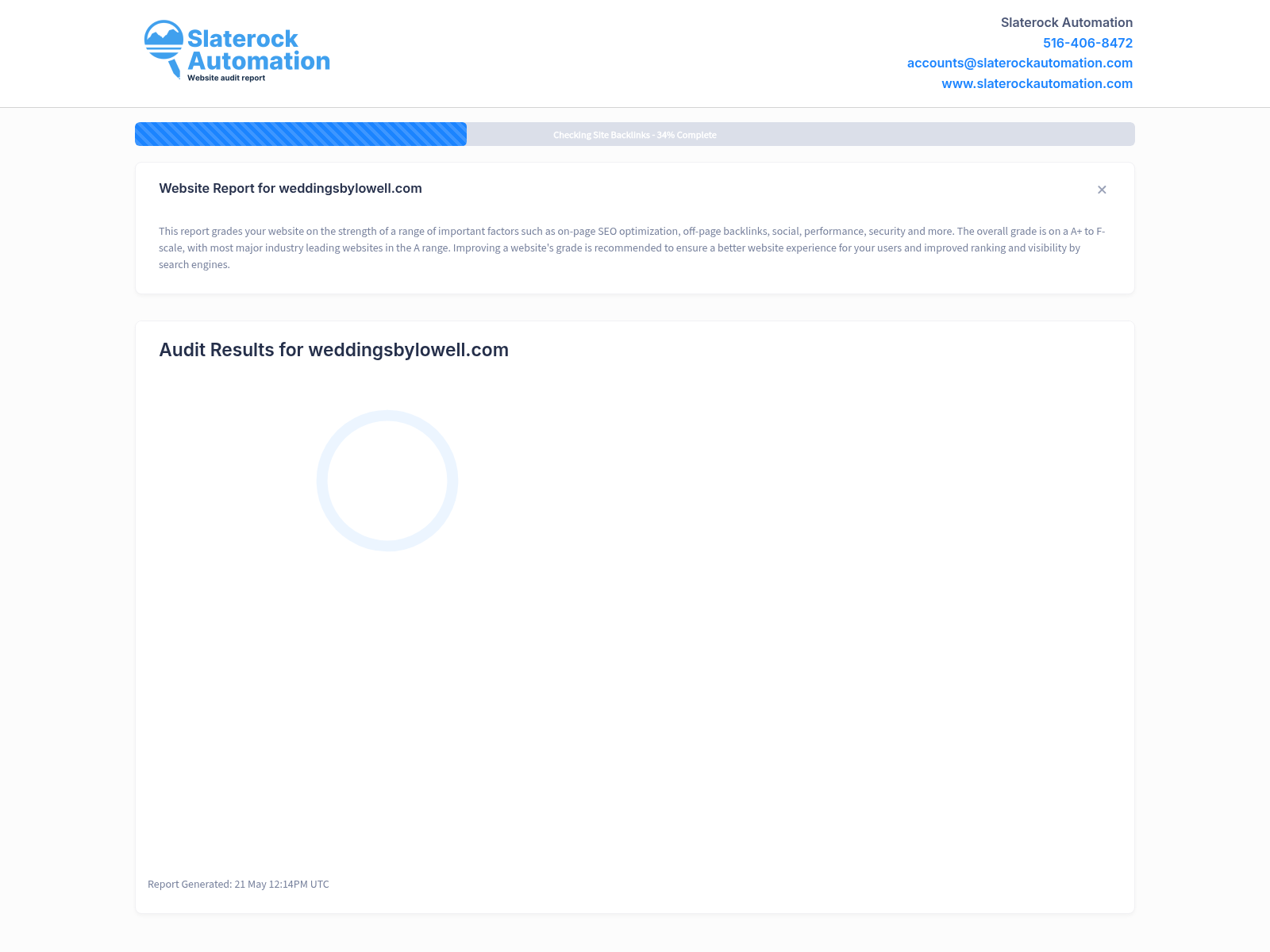 Screenshot of a website audit showing Weddings By Lowell's SEO performance and optimization insights.
