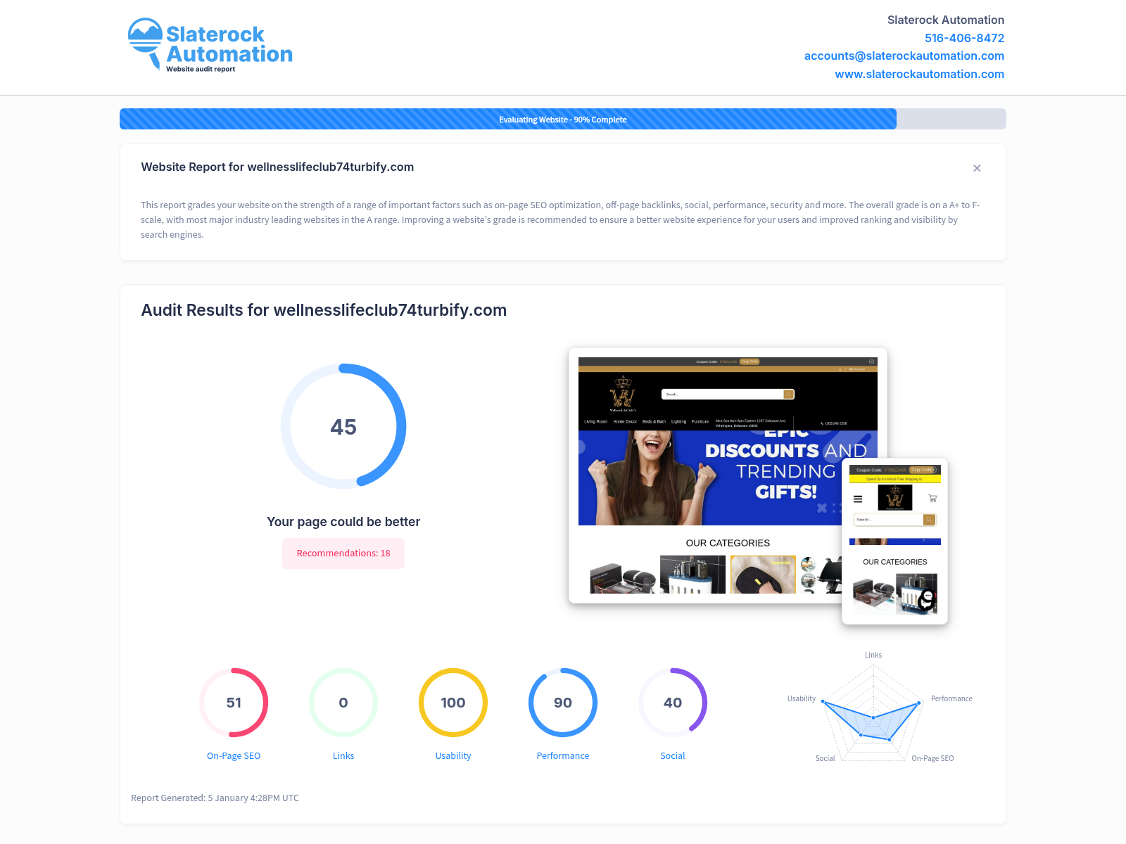 Screenshot of Wellness Life Club 74 website audit showcasing performance metrics and SEO optimization.