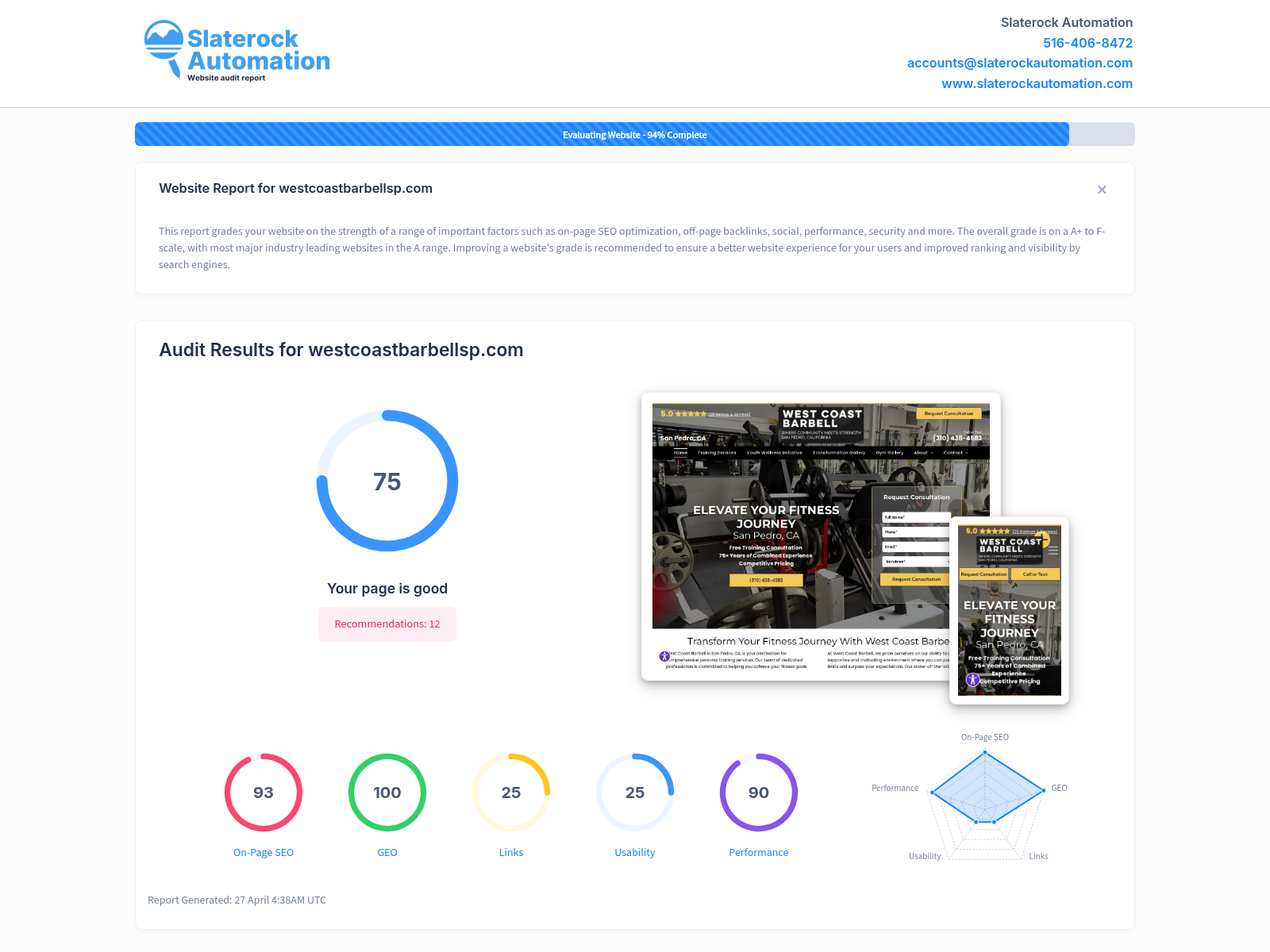 Website audit overview for West Coast Barbell SP showcasing their training services, programs, and facility features.