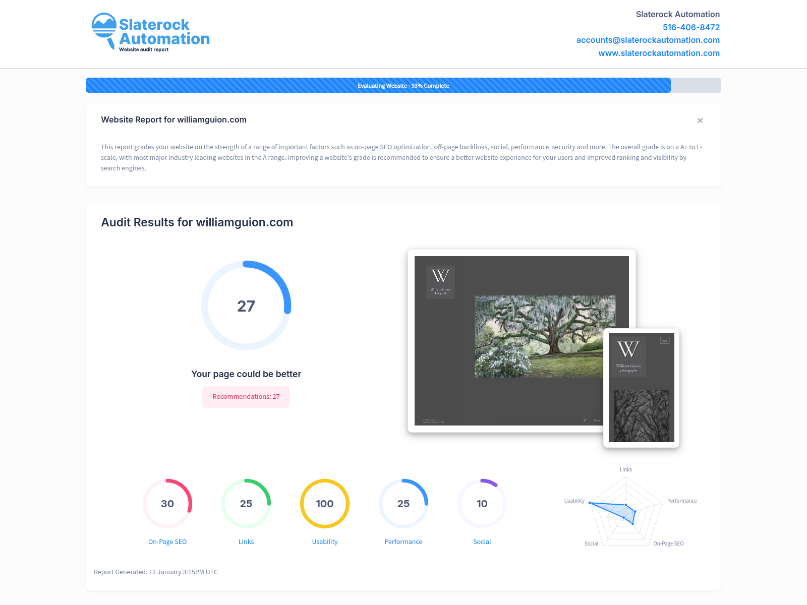 Screenshot of William Guion's website audit showcasing high rankings and positive customer reviews.