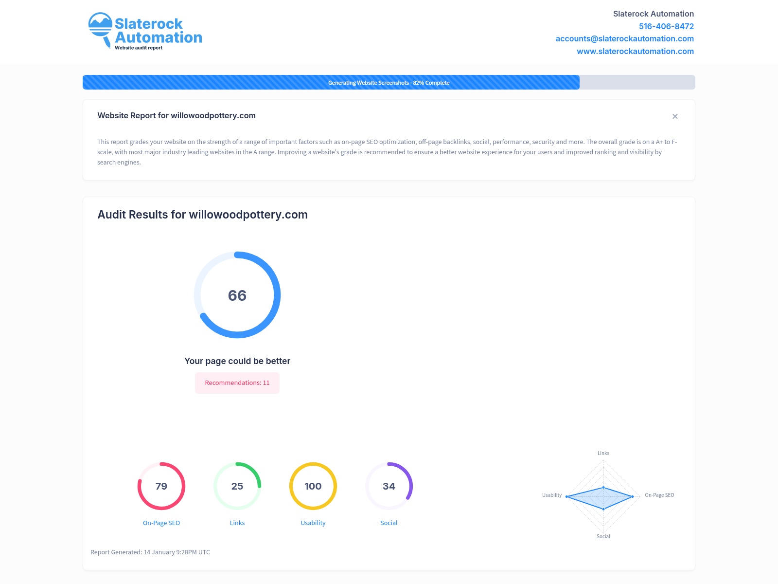 Screenshot of a website audit showcasing Willowood Pottery's SEO performance and optimization status.