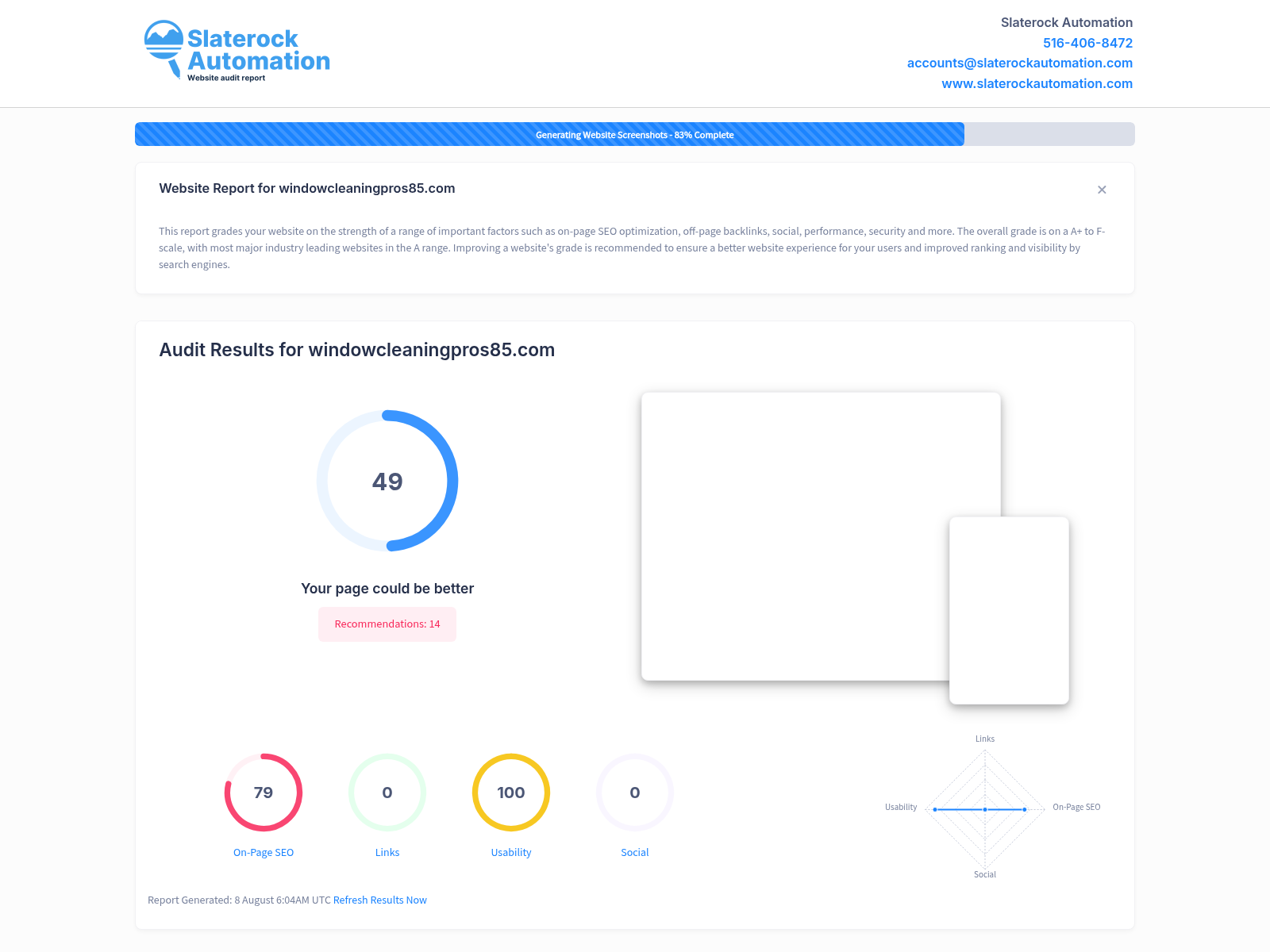 Screenshot of Window Cleaning Pros 85 website audit showcasing SEO performance and optimization.