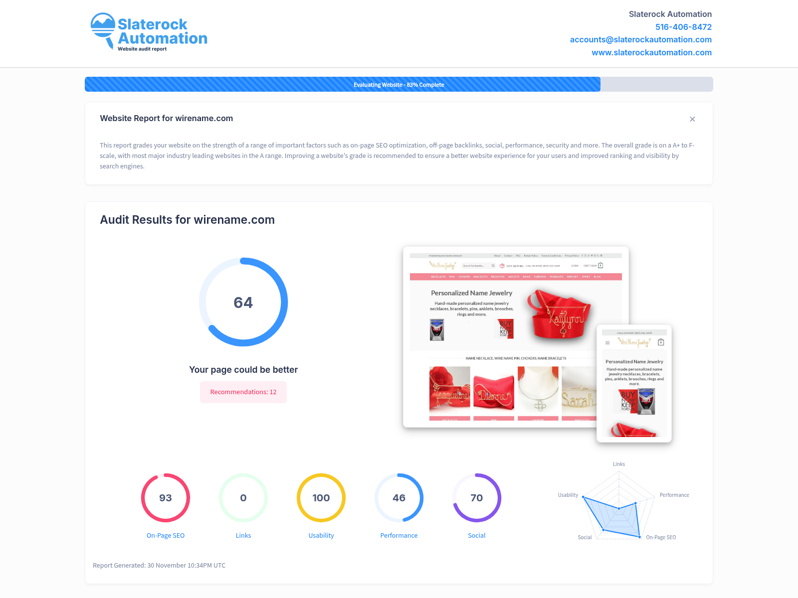 A website audit screenshot showcasing Wirename's user-friendly interface and valuable customer feedback.