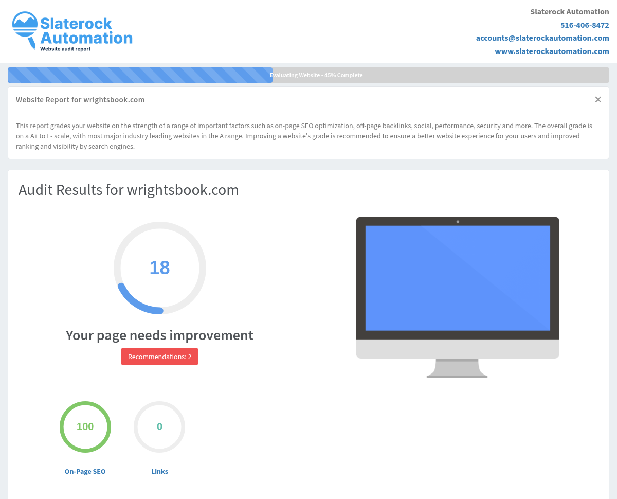 Screenshot of a website audit for Wrights Book, showcasing SEO metrics and performance insights.