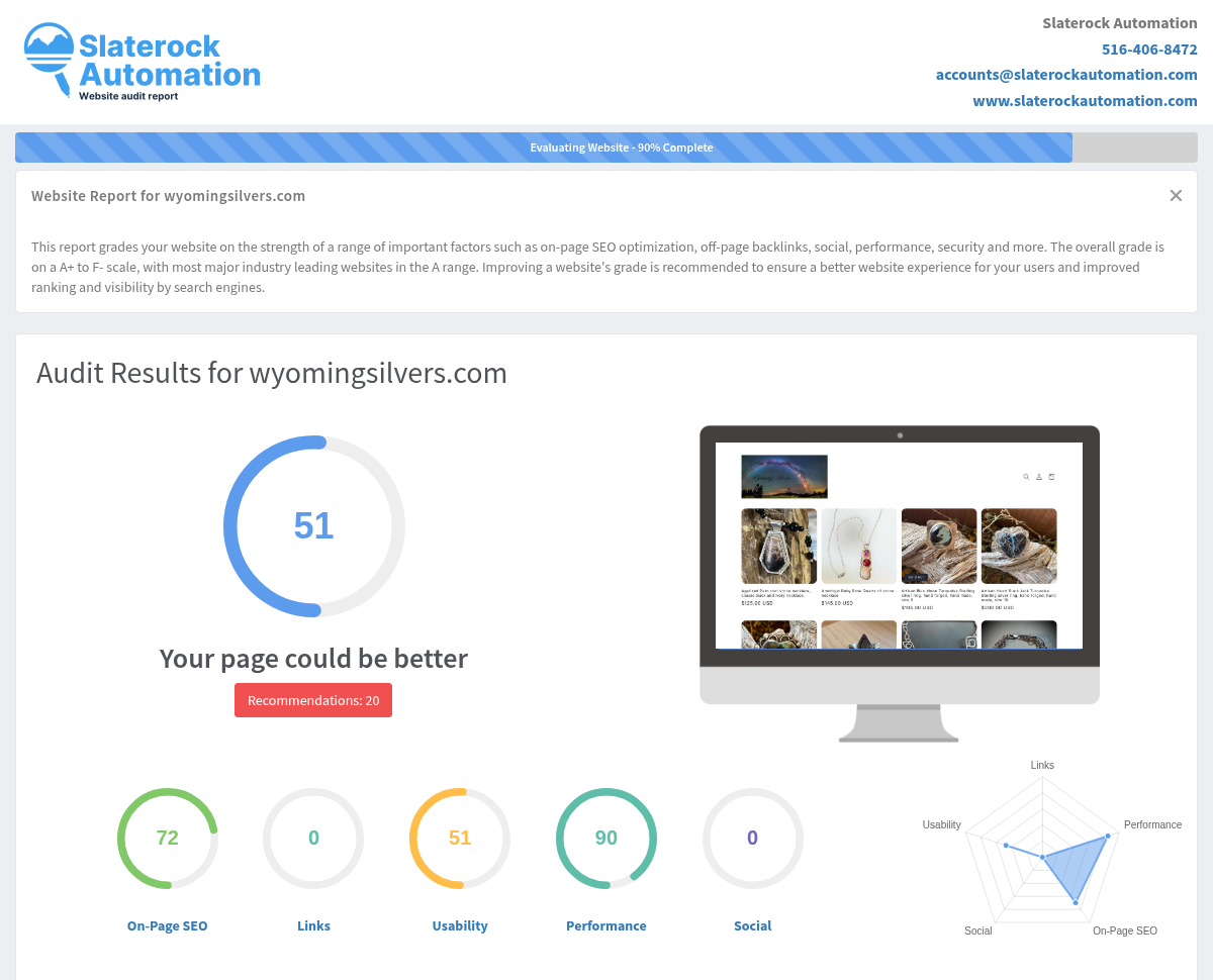 Screenshot showcasing a website audit for Wyoming Silvers, highlighting positive reviews and quality craftsmanship.