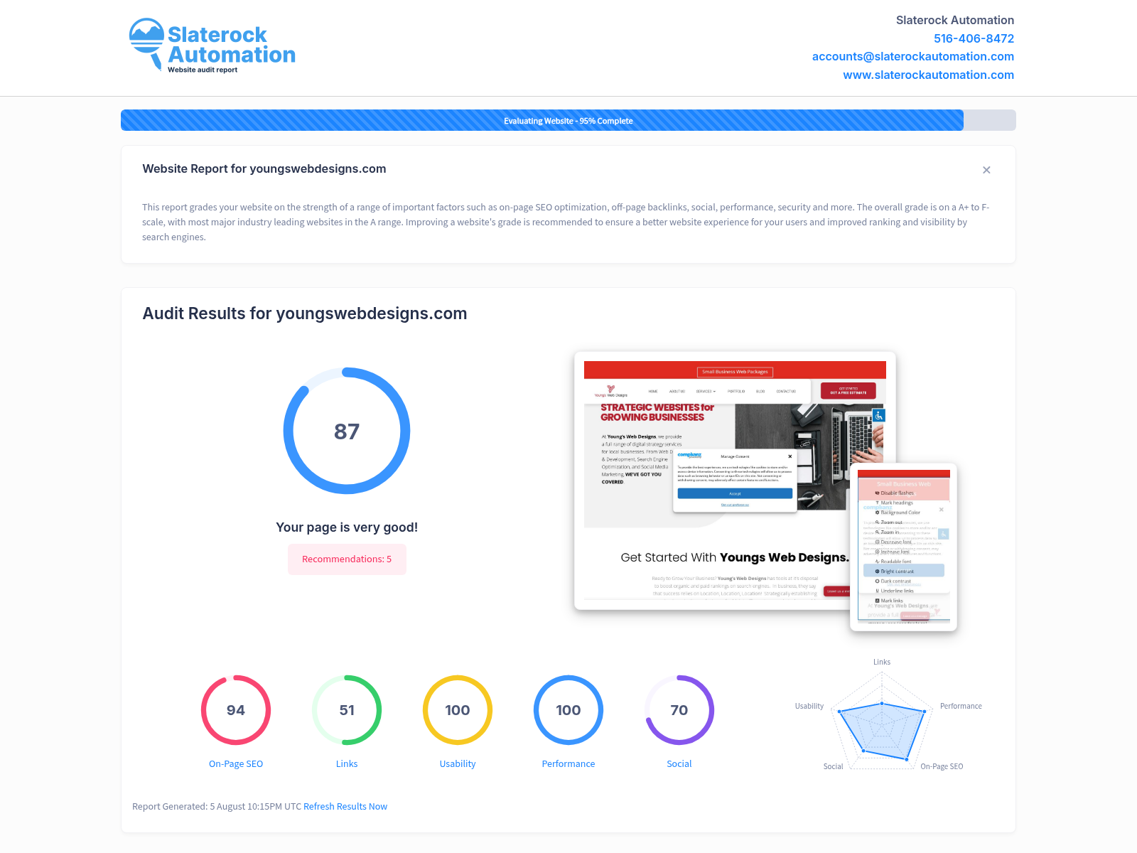 Screenshot of a website audit showcasing Young's Web Designs' SEO performance and website health metrics.