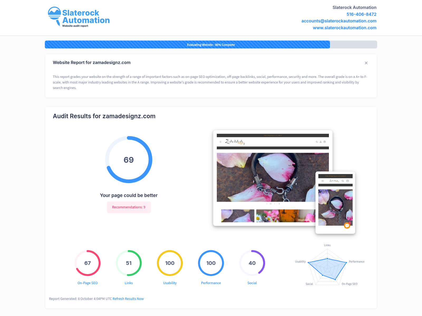 Screenshot of a website audit for Zamadesignz showcasing its vibrant jewelry collection and user-friendly design.