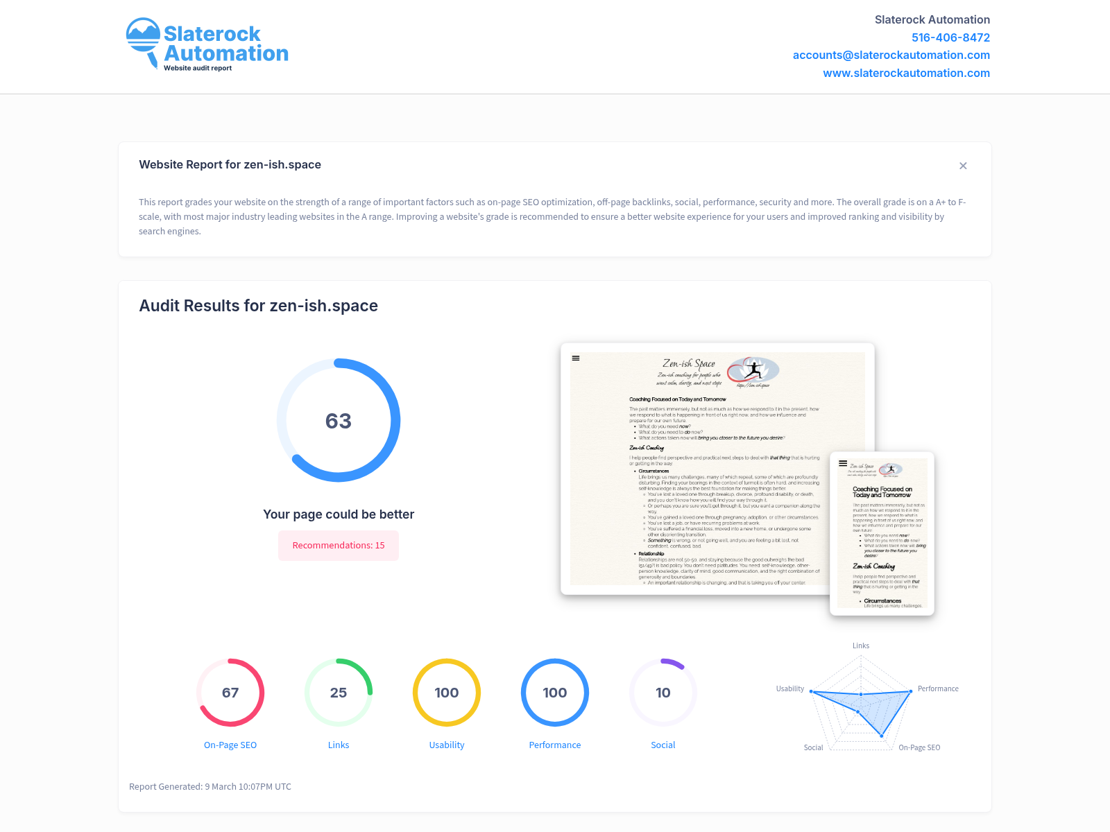 Screenshot of Zen-Ish website audit showing user-friendly design and focus on transformational services.