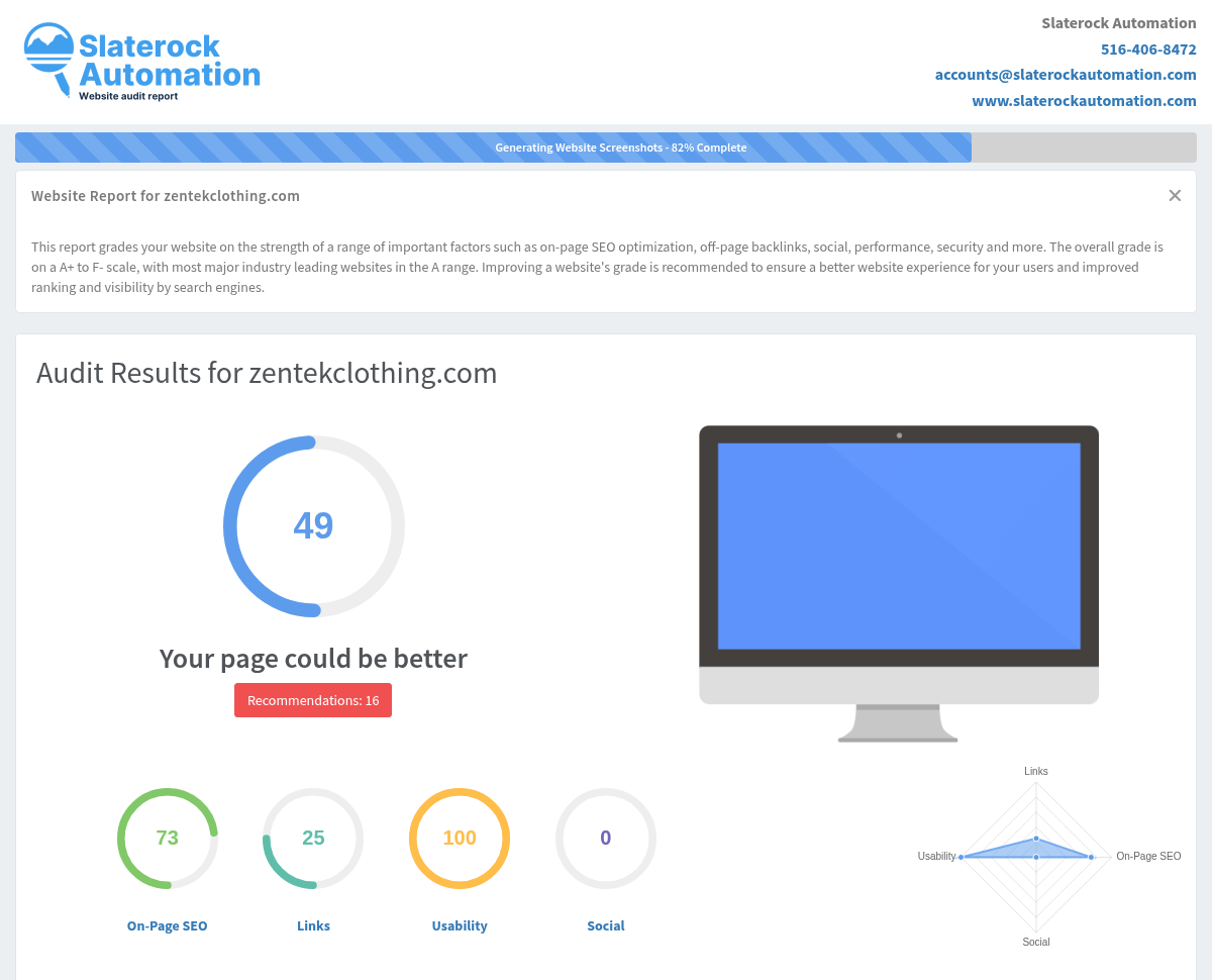 Screenshot of Zentek Clothing website audit showing product offerings and optimization insights.