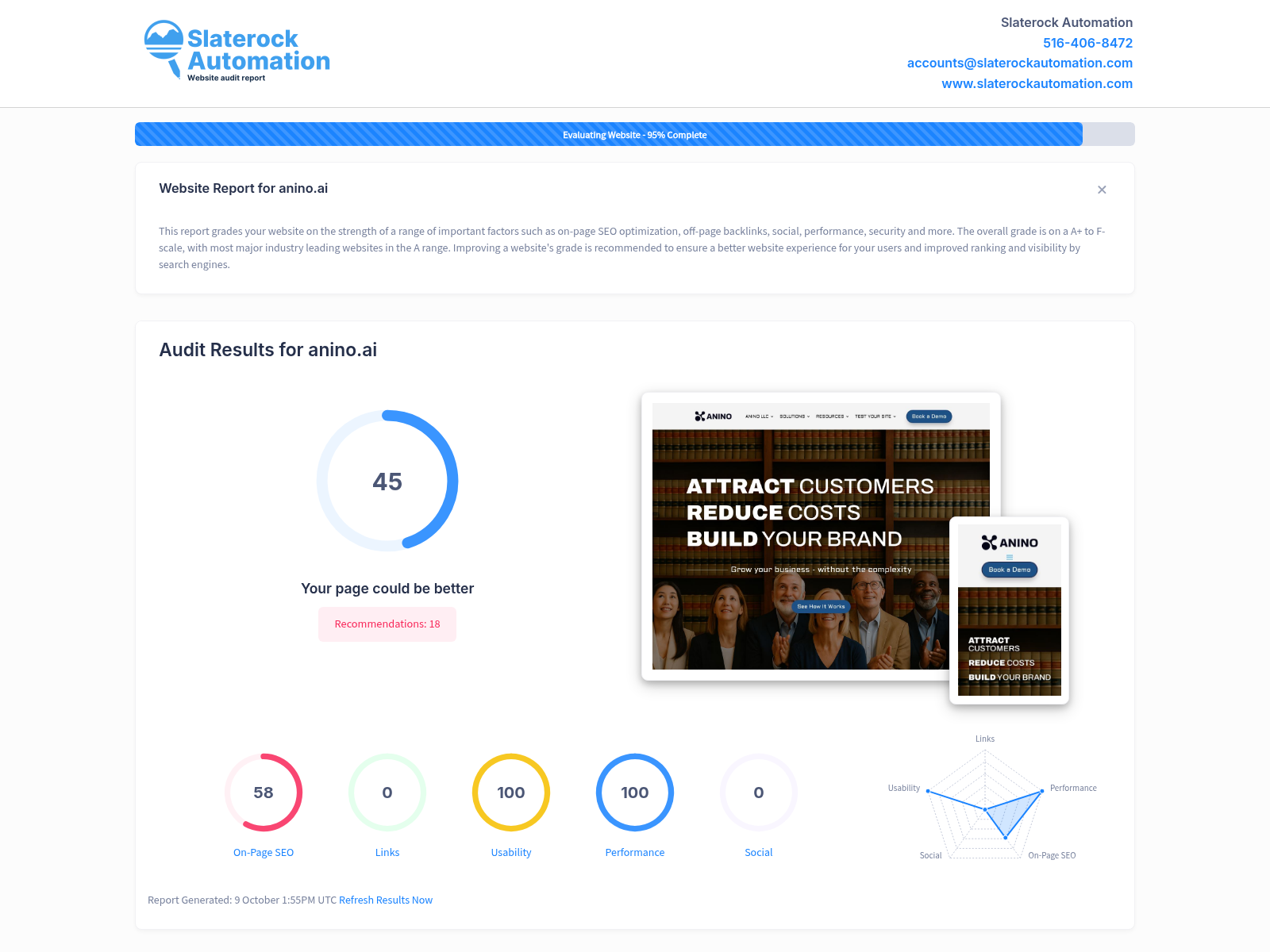Screenshot of ANINO's website audit showcasing SEO analysis and optimization strategies.