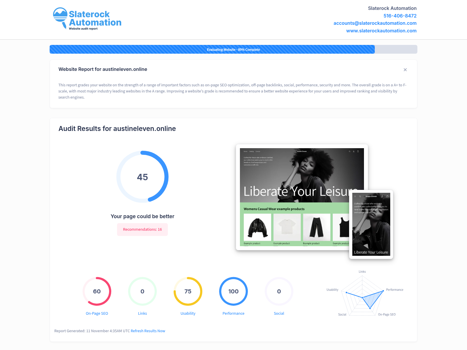 Screenshot showcasing the website audit results of Austineleven, highlighting user experience and optimization metrics.