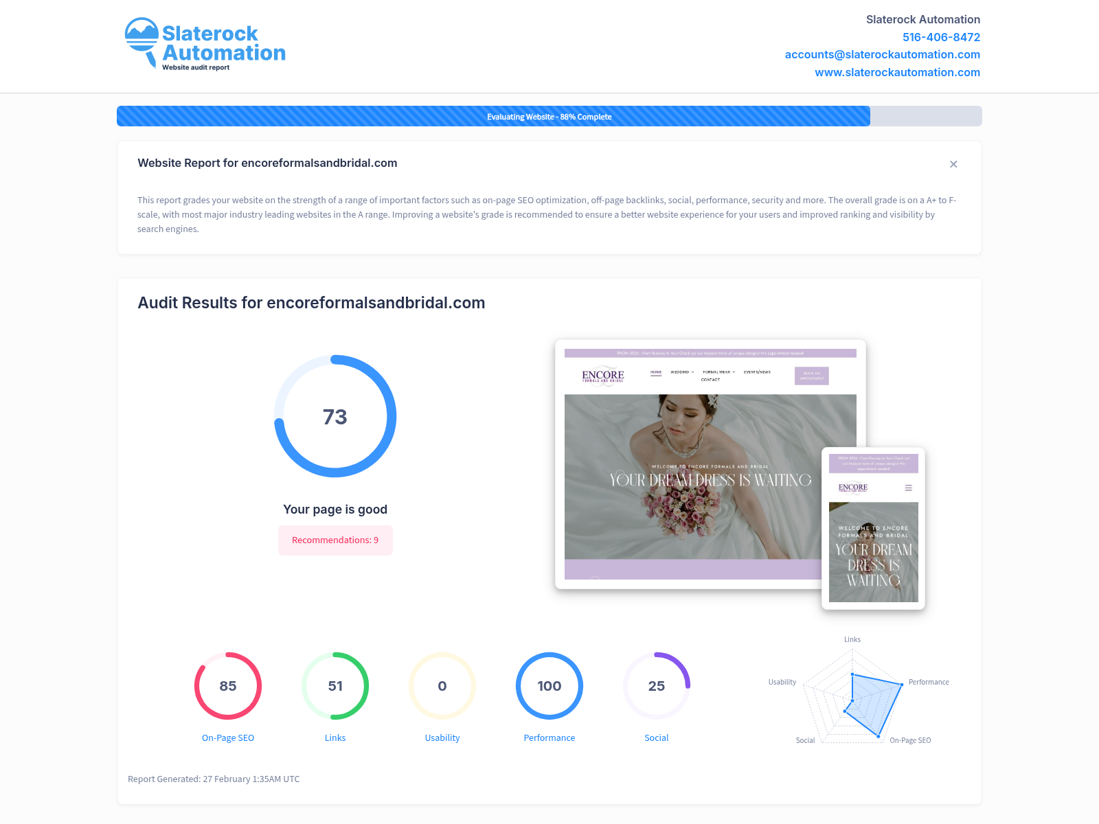 Screenshot of Encore Formals and Bridal website audit showcasing their bridal collections and services.