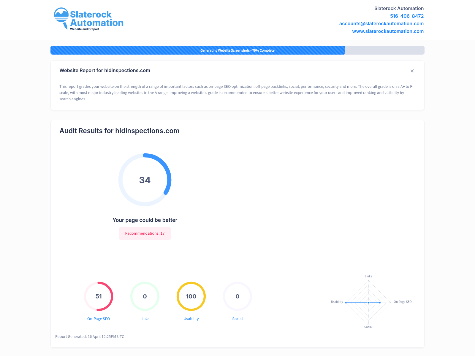 A screenshot showcasing the comprehensive website audit for HLD Inspections, highlighting performance metrics and areas of improvement.