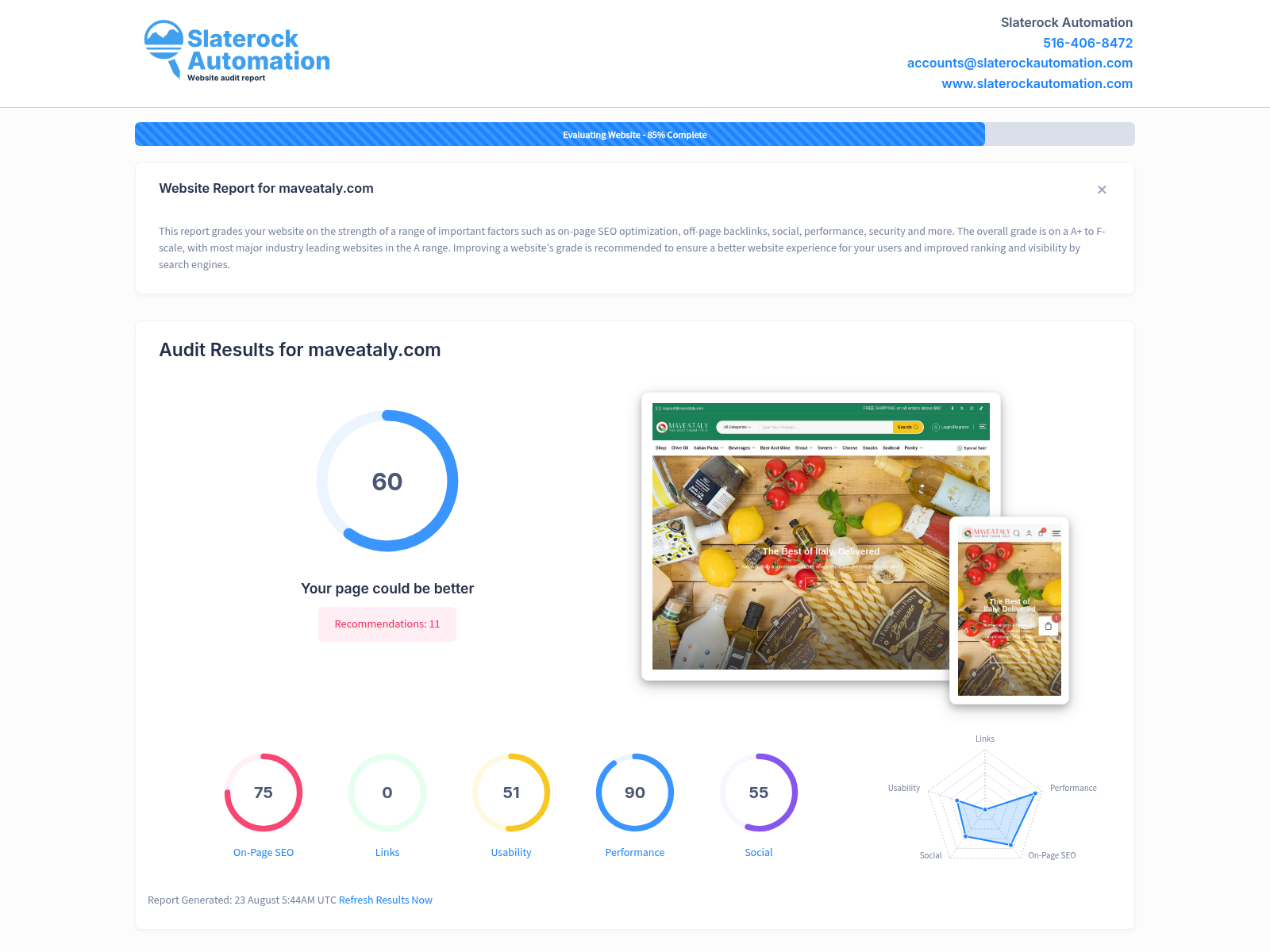 Screenshot of Maveataly's website audit showing SEO performance and user experience metrics.