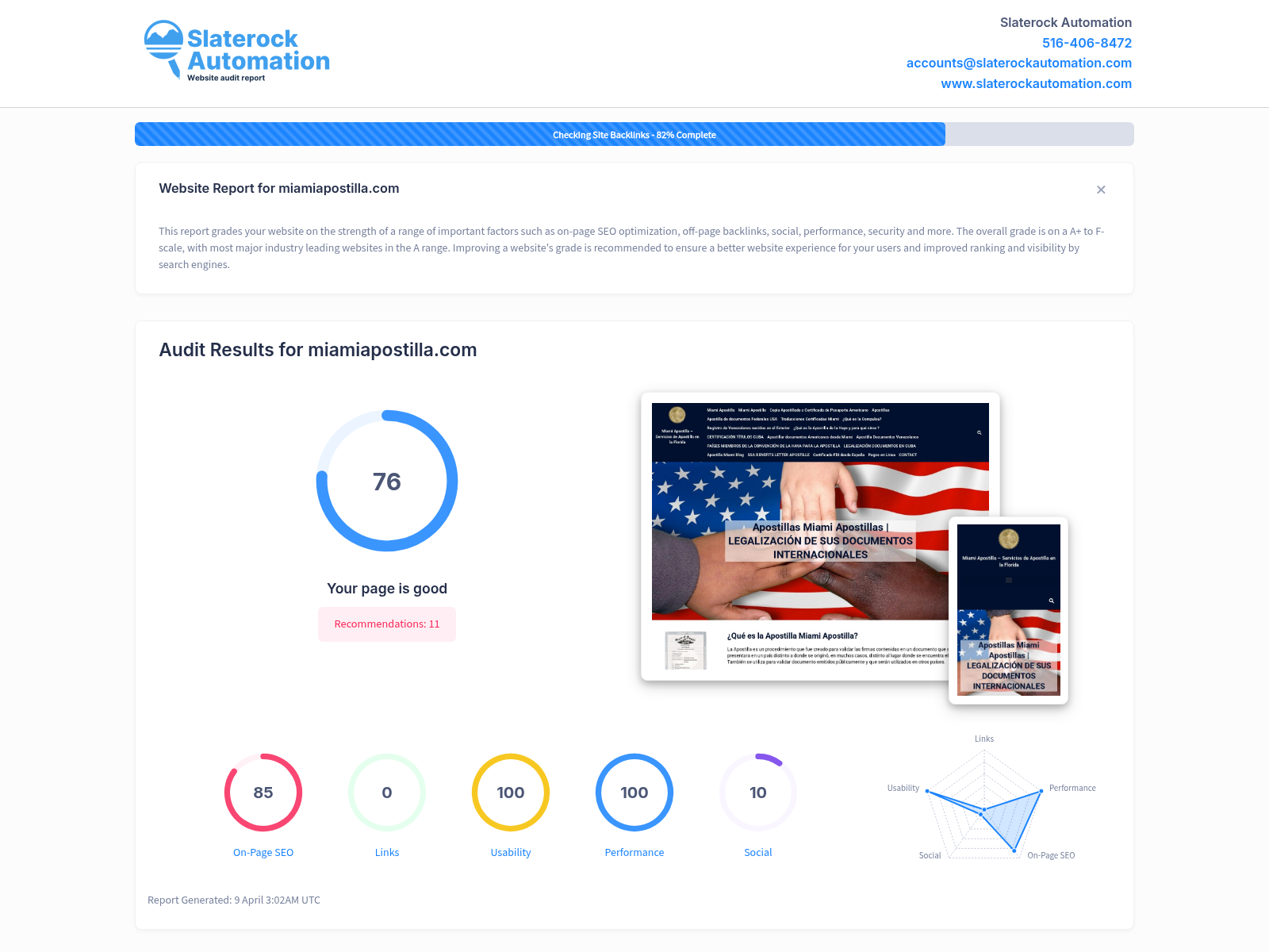 Screenshot showing Miami Apostilla's website audit results, highlighting efficiency and customer satisfaction.