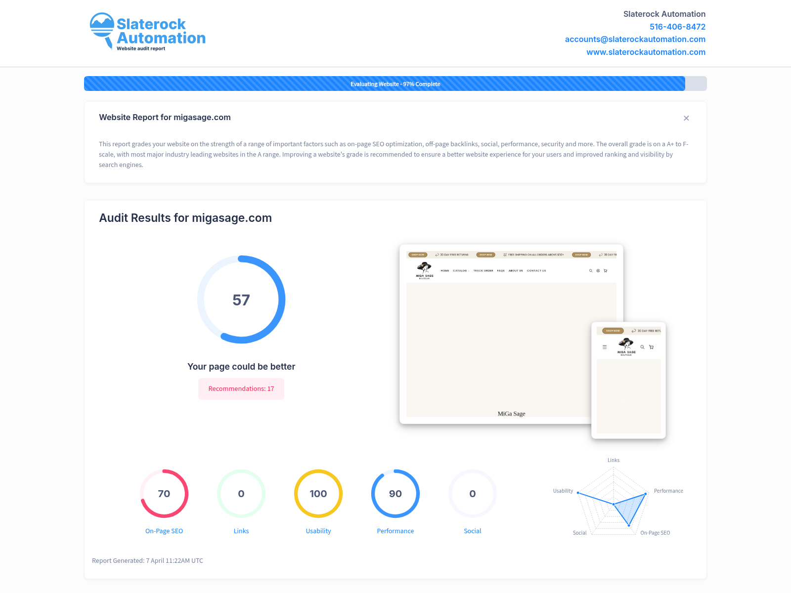 Screenshot of Miga Sage's website audit demonstrating SEO performance and user experience metrics.