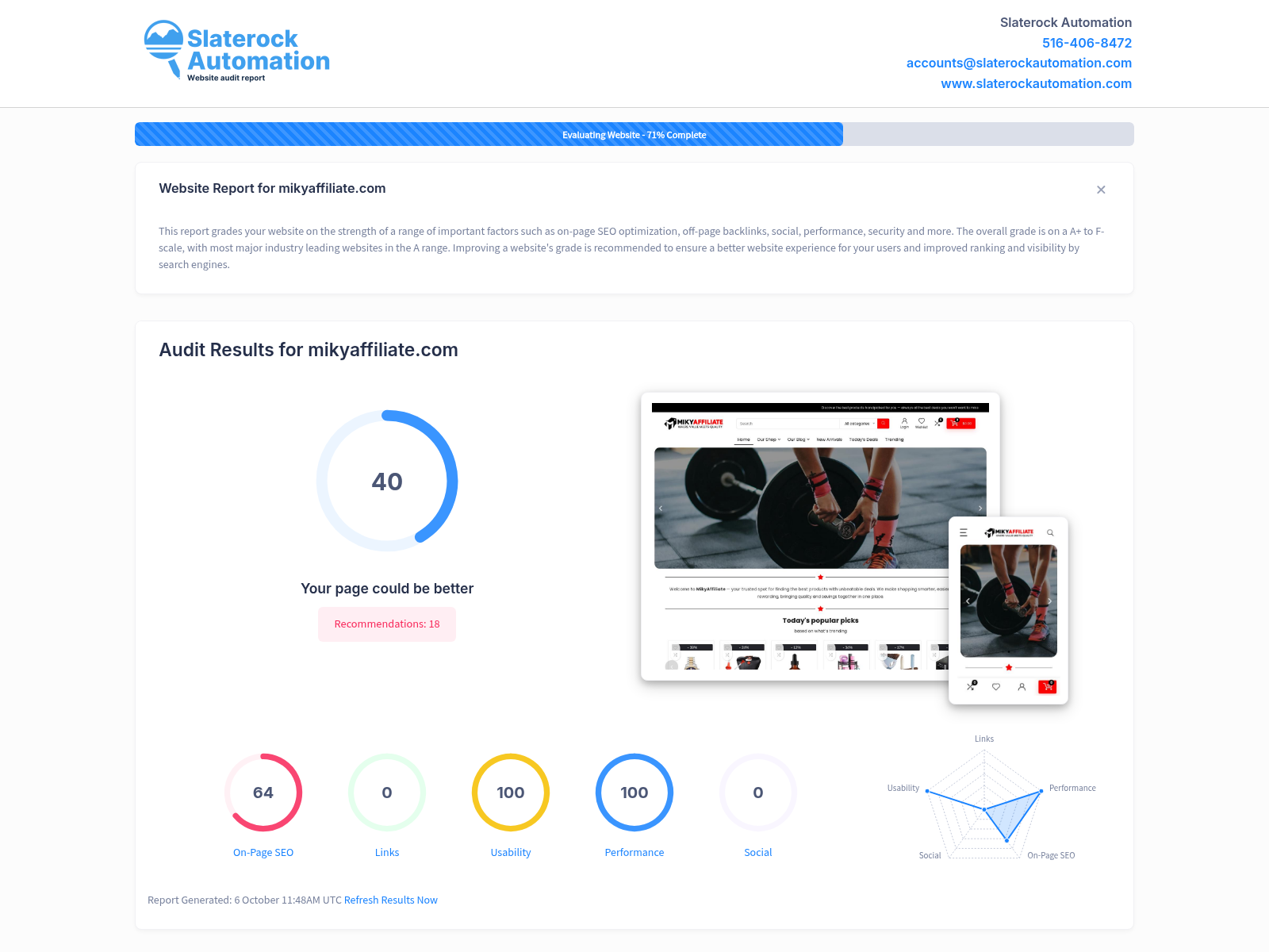 Screenshot of MikyAffiliate website audit showing SEO performance and product offerings.