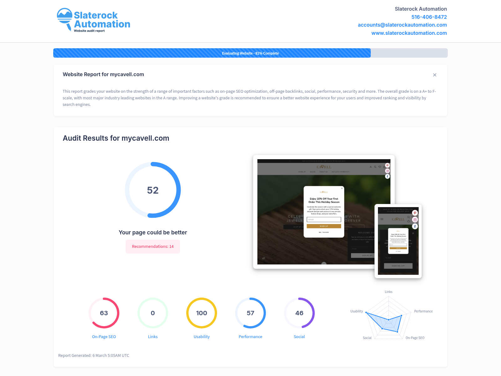 Screenshot of a website audit showcasing Mycavell's excellent performance metrics and user experience.