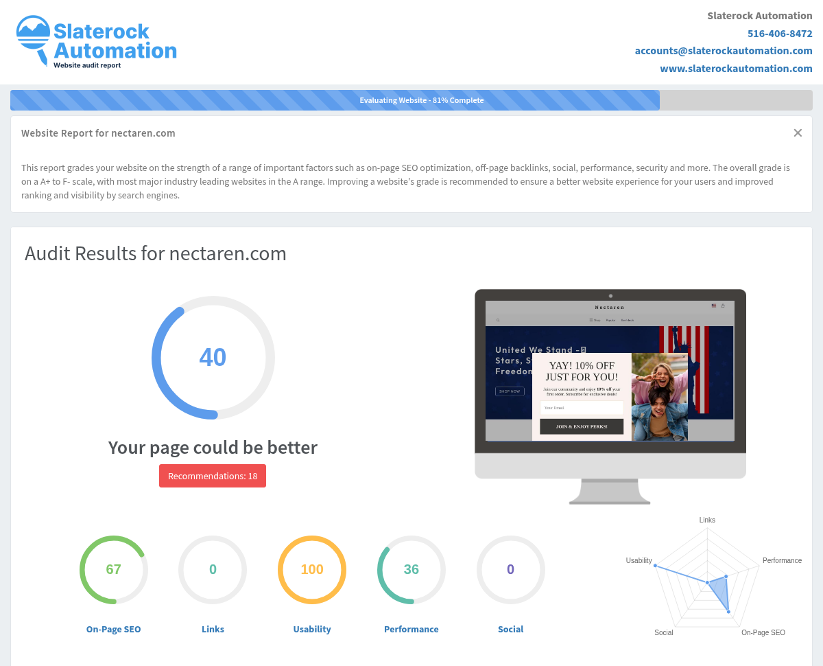 Screenshot of Nectaren's website audit showcasing fast shipping, easy returns, and customer satisfaction.