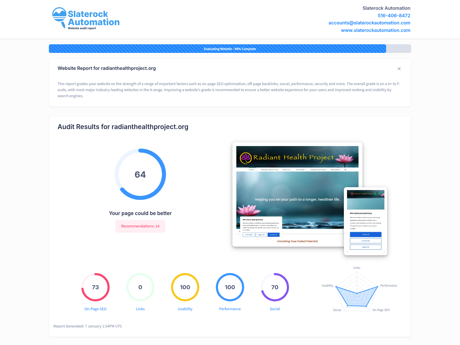 Screenshot of a website audit showcasing the Radiant Health Project's holistic health approach.