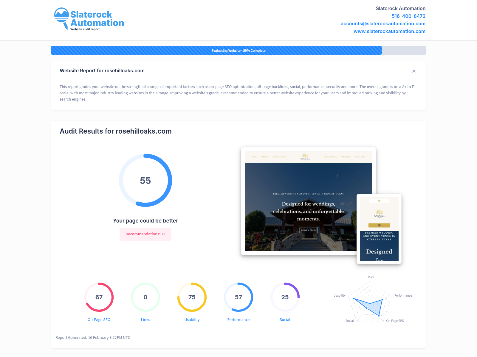 Screenshot of Rose Hill Oaks event venue website showcasing stunning views and event spaces.