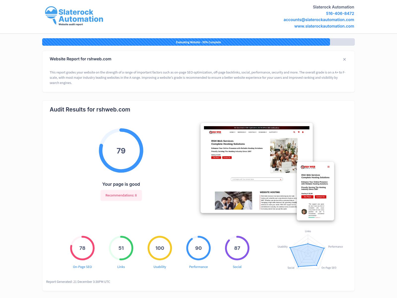 Screenshot of an RSH Web Services website audit showcasing performance and security features.