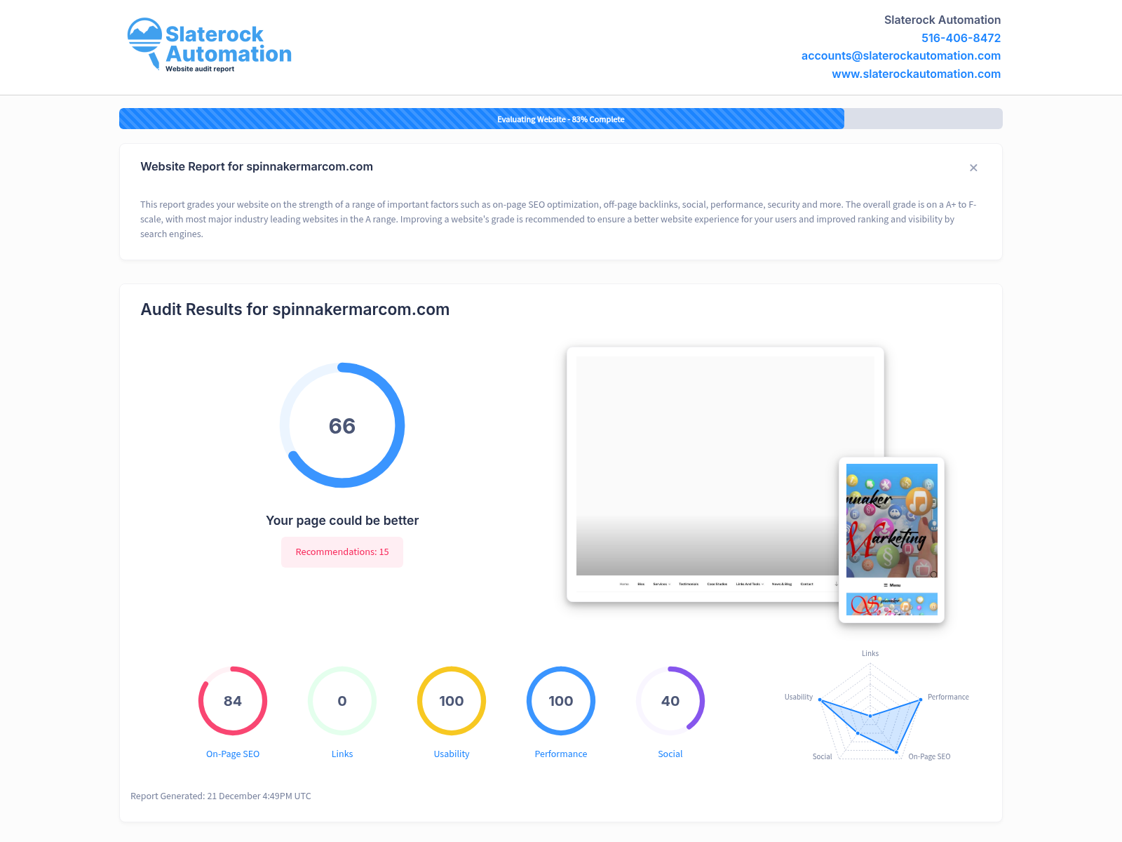 Screenshot of a website audit showcasing Spinnaker Marketing's performance metrics and optimization areas.