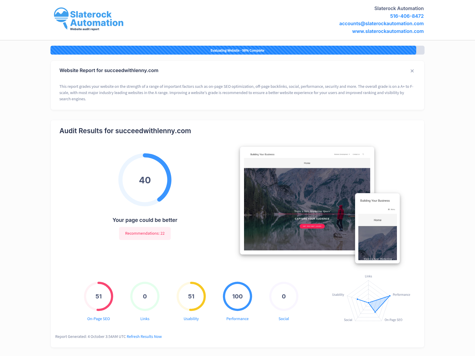 Screenshot of website audit showcasing Succeedwithlenny's digital agency performance in video creation and reputation management.